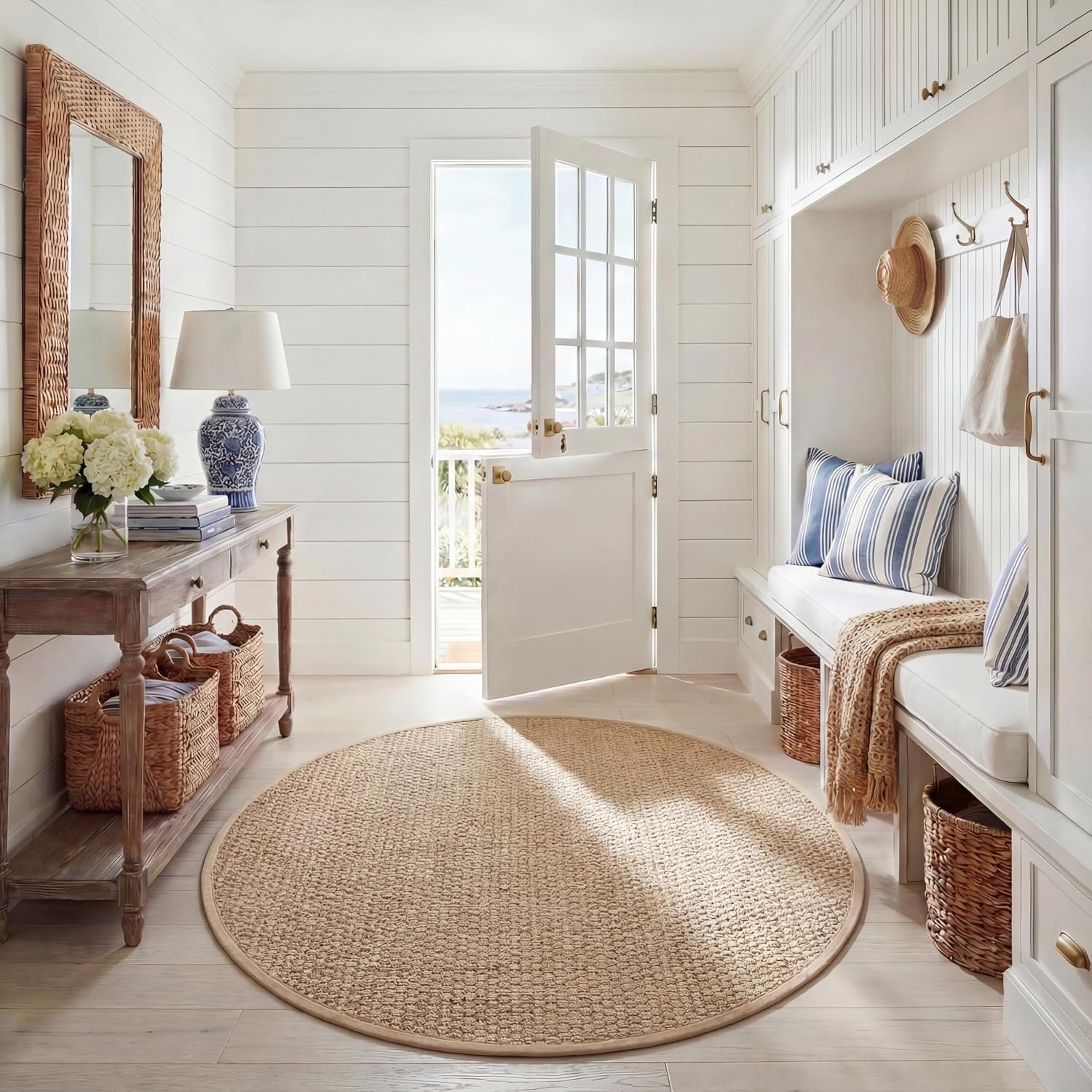 SAFAVIEH Natural Fiber Round Rug 6′ Textured, Natural & Beige NF114A