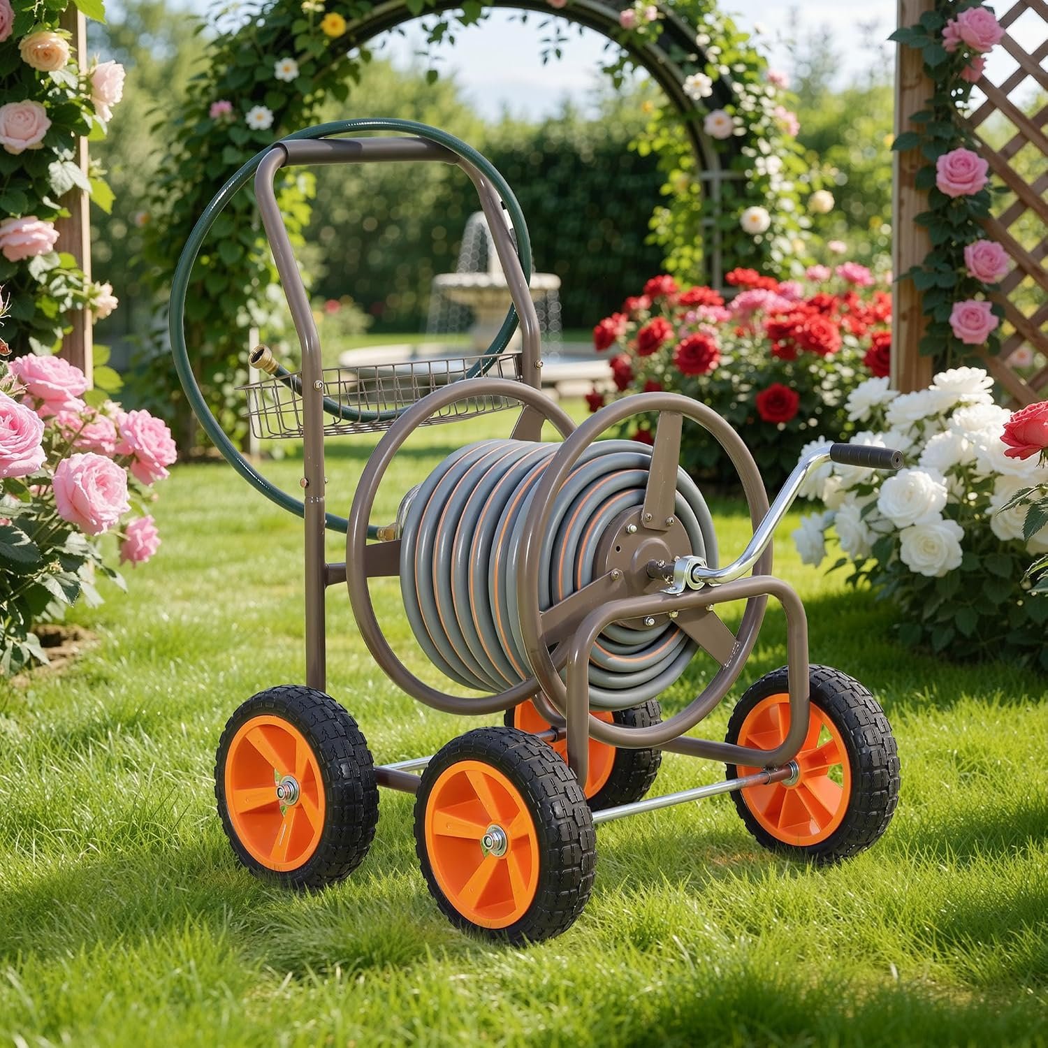 250FT Garden Hose Reel Cart, 10″ NO-FLAT Tires,5/8 in, Steel Frame