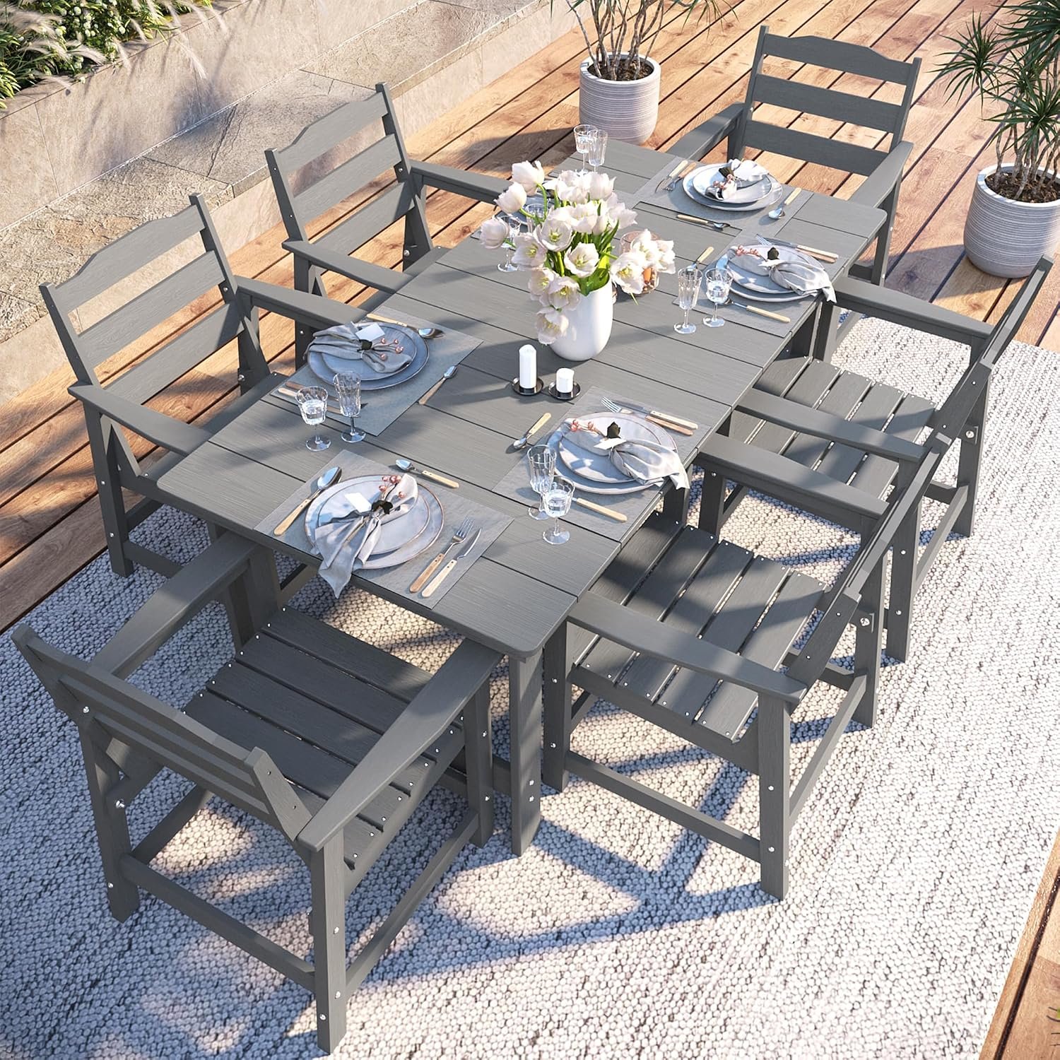 THOEOE 7 Pcs Outdoor Dining Set, 70″ HDPE Dining Set for 6, Grey
