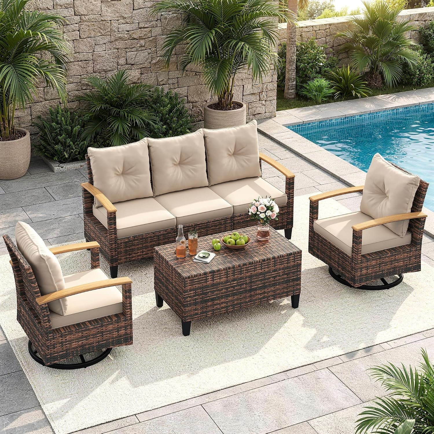 Amopatio Patio Furniture Set, 4 Pieces Outdoor Patio Conversation Sets with Swivel Chairs, Wicker Patio Furniture Set with Storage Table, Outdoor Couch Set for Balcony, Porch, Deck, Backyard, Beige