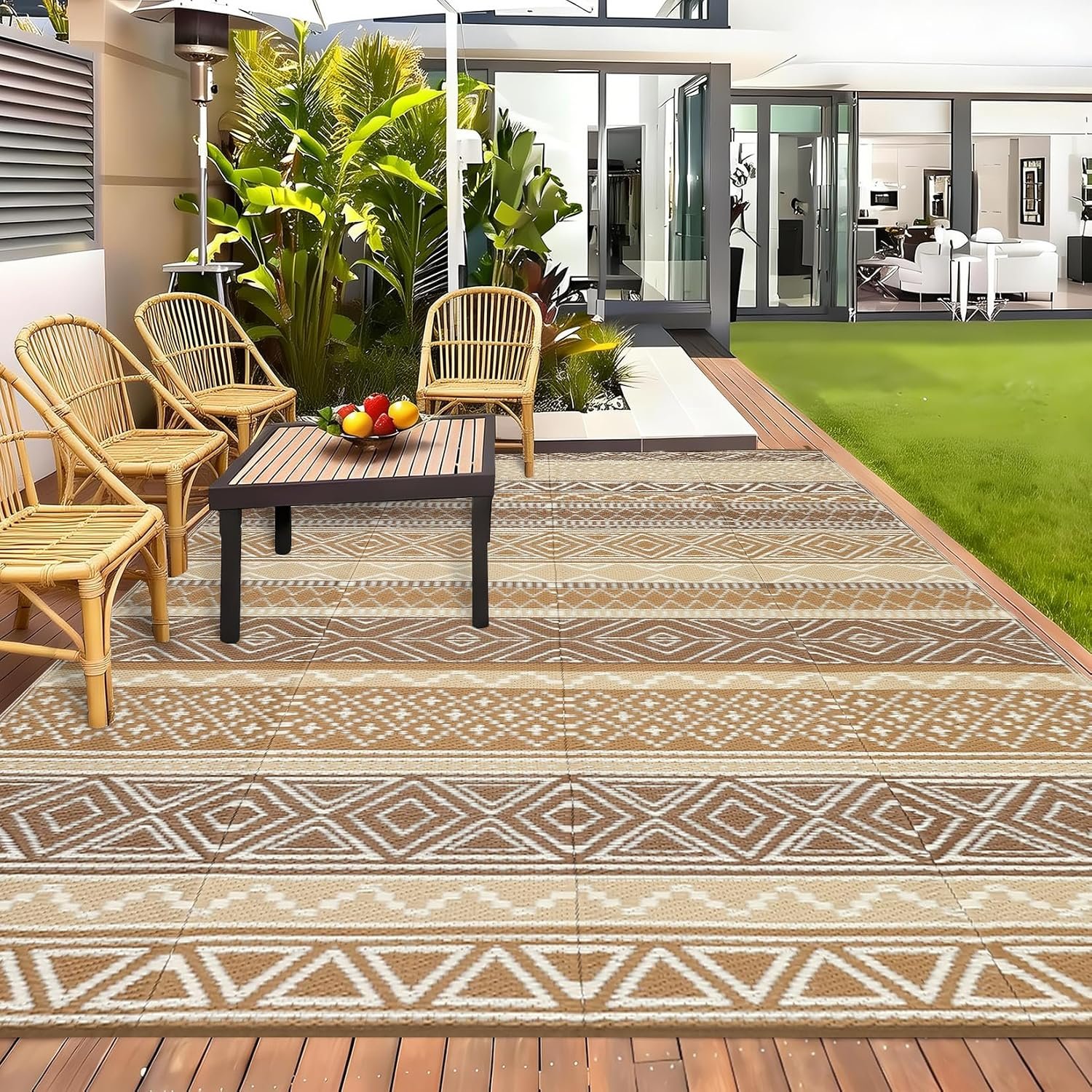 GlowSol Waterproof Outdoor Rug 8×10 Reversible Patio Rug Portable Plastic Straw Rugs for Camping Outdoor RV Mat for Camper Large Outdoor Rugs for Backyard,Picnic,Beach,Deck,Porch,Balcony,Brown/Tan