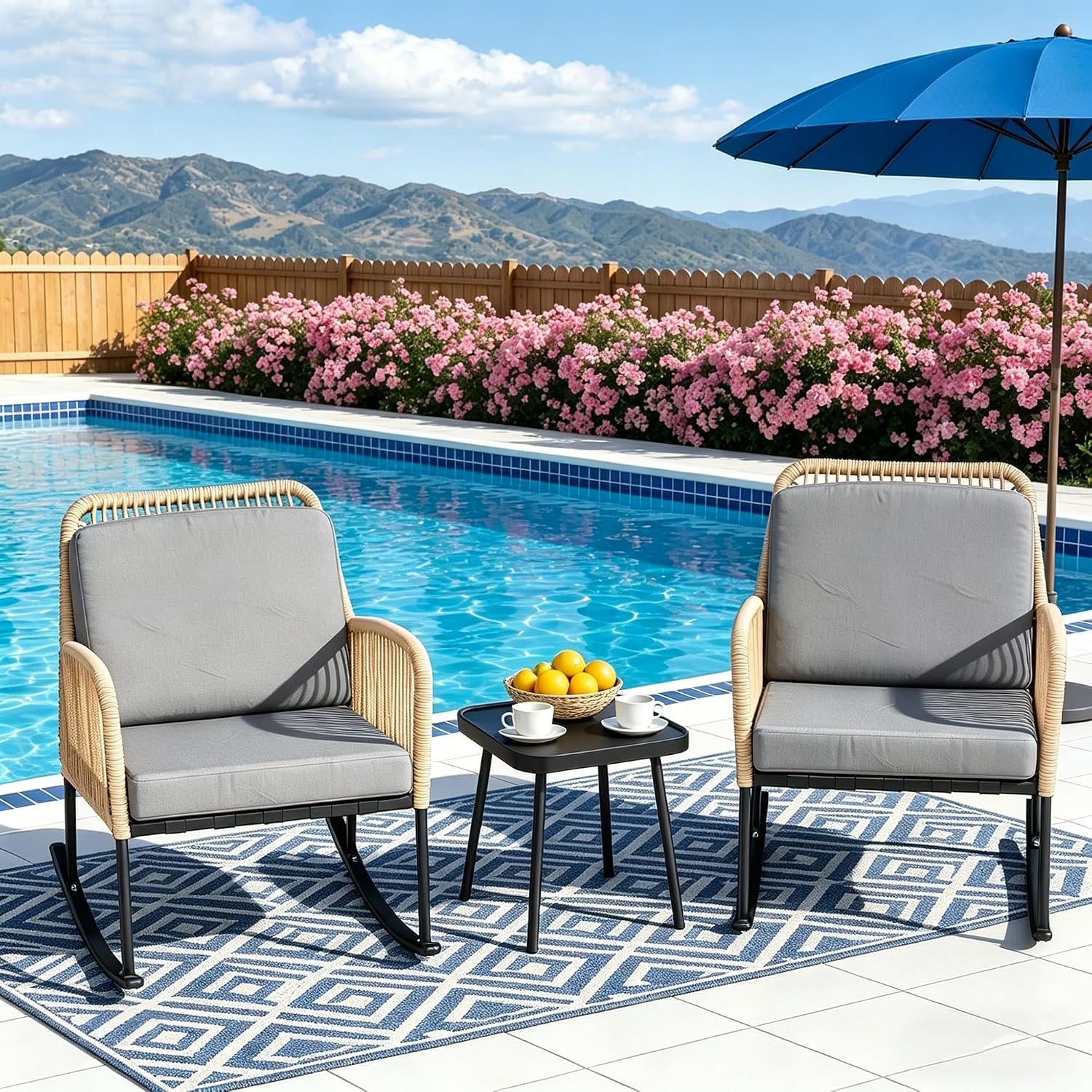 DECMICO 3 PCs Outdoor Rocking Chair, Rocking Bistro Set with Side Table, Rocking Chairs for Backyard Garden Porch Poolside, Dark Gray