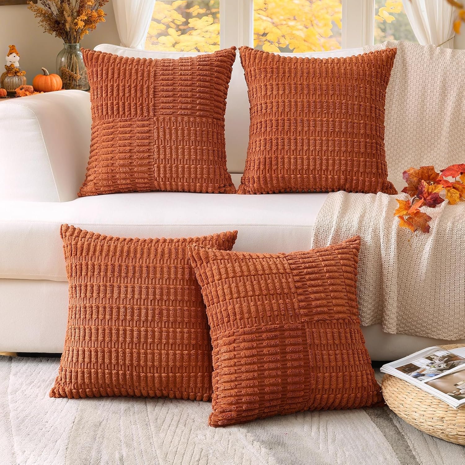 OTOSTAR Set of 4 Fall Decorative Throw Pillow Covers 18×18 Inch, Soft Corduroy Striped Square Pillow Cases Autumn Rust Home Decor Cushion Covers Case for Sofa Couch Bed Farmhouse Patio