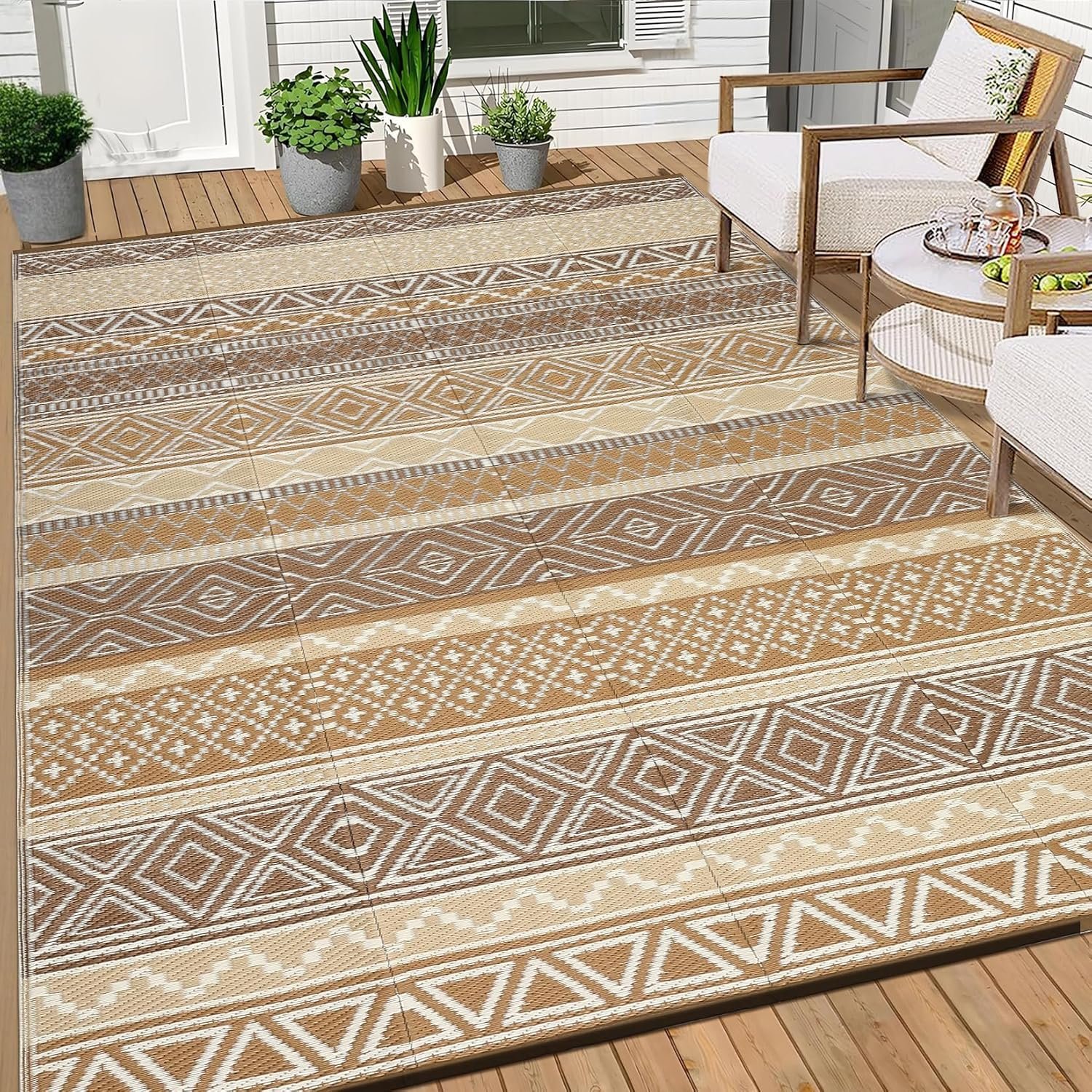 Garvee Outdoor Rug 8×10 Waterproof Patio Rug Porch Rugs Brown/Tan