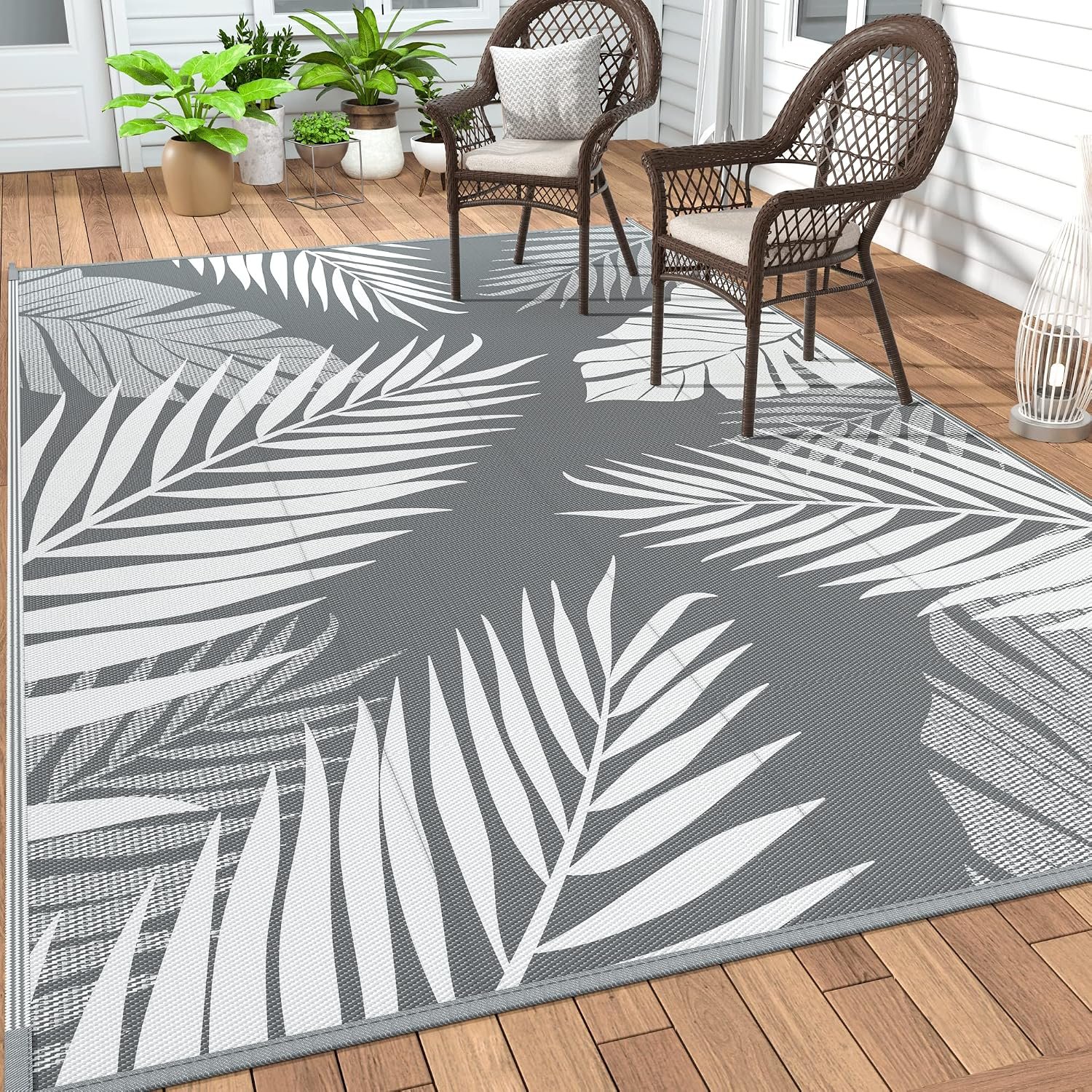 GENIMO Outdoor Rug, Waterproof Plastic Rugs for Patio, 5’x8′ Grey White
