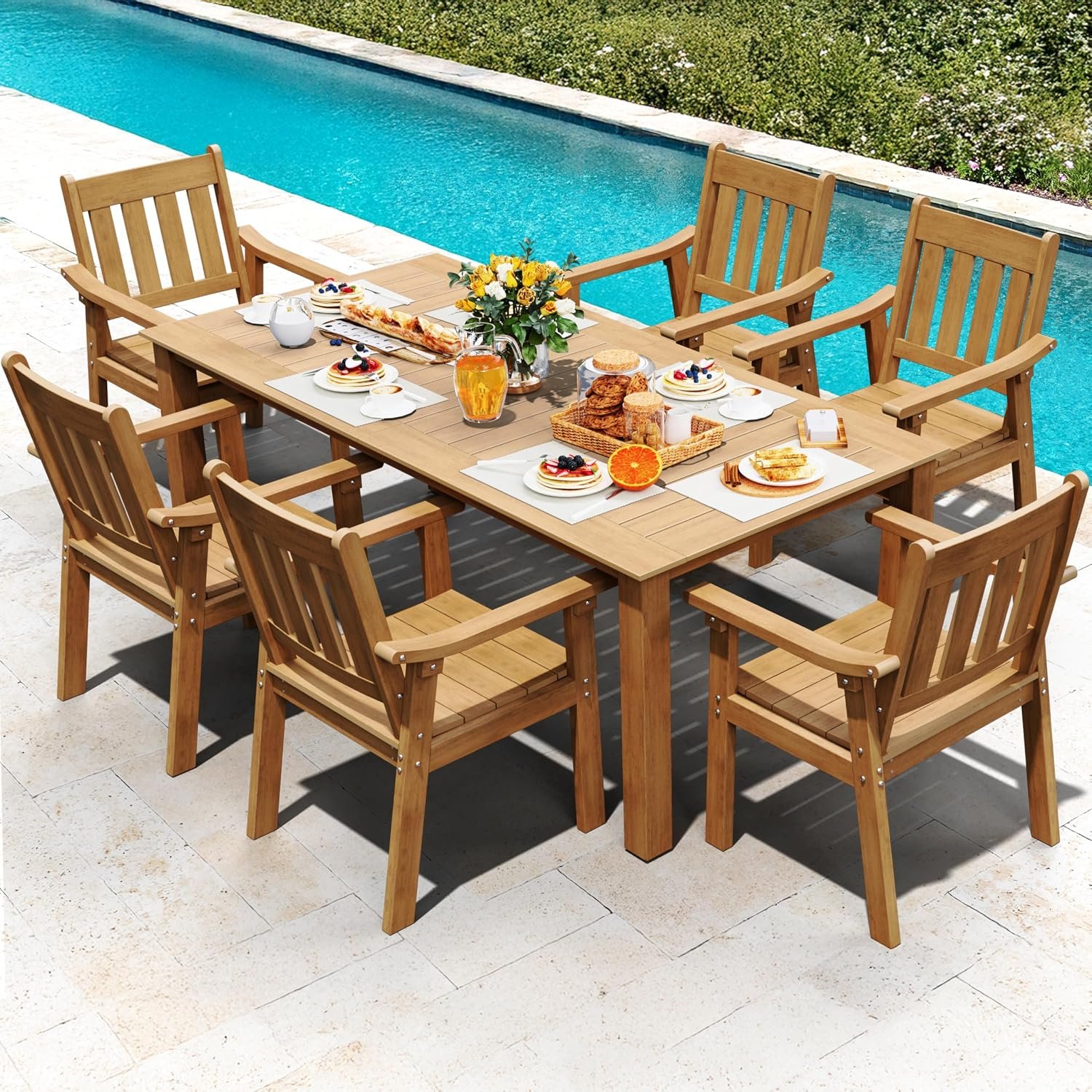 YEFU 7-Piece Patio Table Set, All-Weather HIPS, Metal Aluminum Frame, Teak