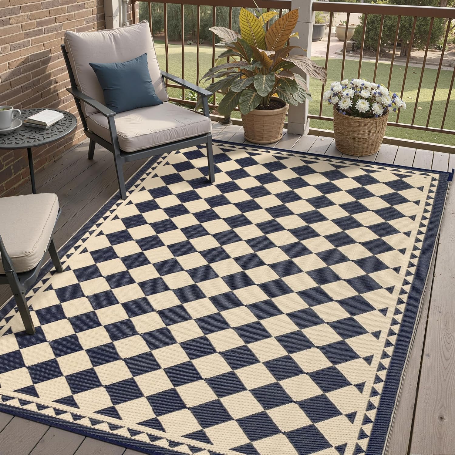 HUGEAR 5×8 Black Beige Checkered Waterproof Outdoor Rug for Patio