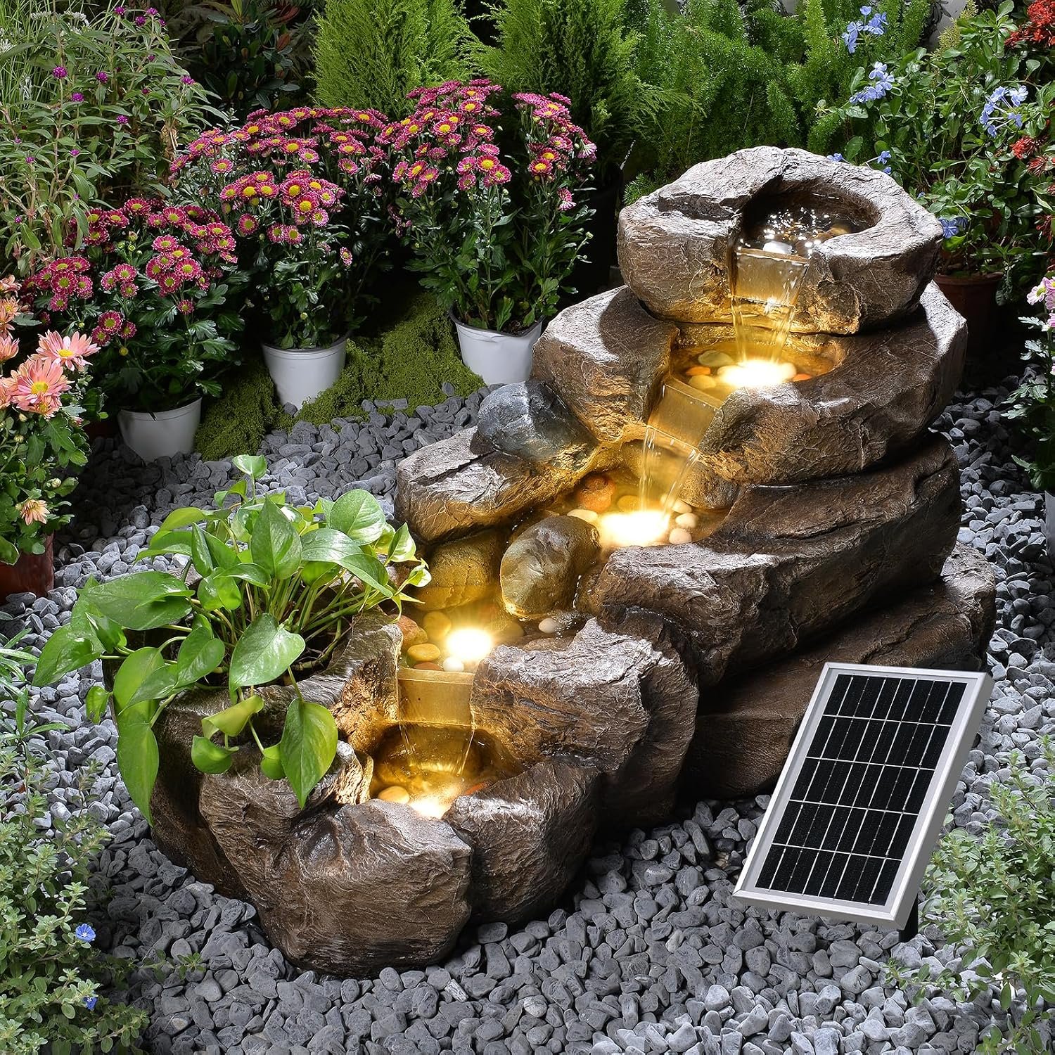 38.2″ L Solar Water Fountain Outdoor Rock Waterfall Fountains