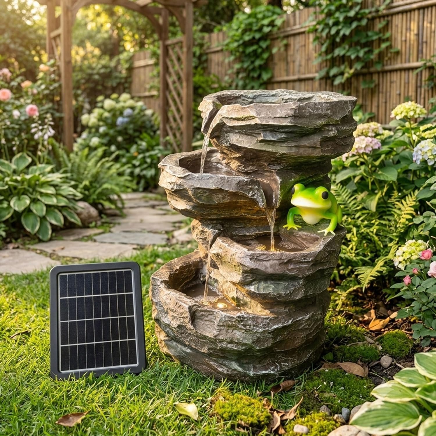 Solar Water Fountain Outdoor with Battery Backup, 17″ 4-Tier Rock Cascading Water Feature with Warm LED Lights & Cute Frog, Freestanding Solar Powered Fountain Pump for Garden, Patio, Backyard, Lawn