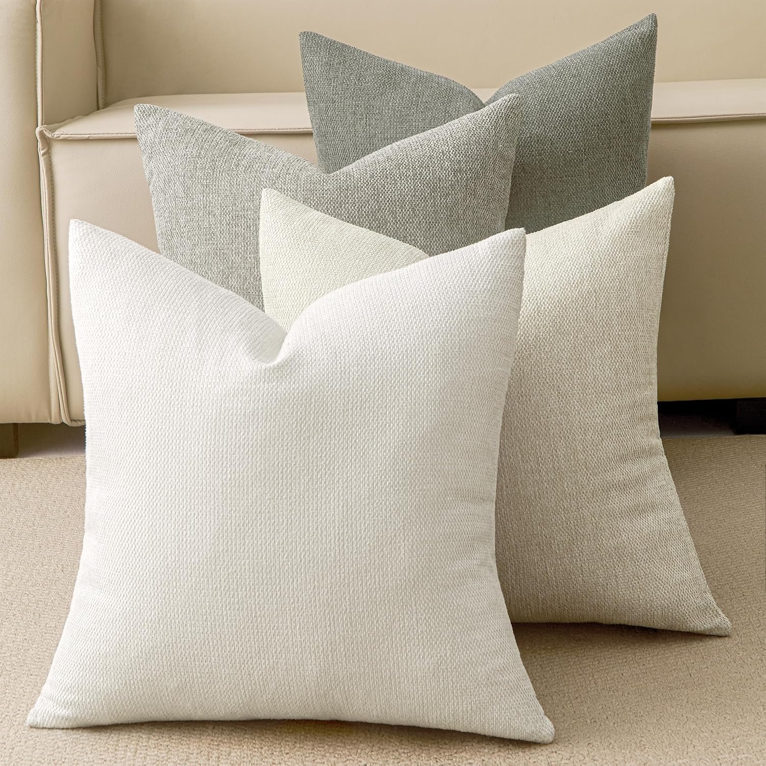 Natural Linen Look Throw Pillow Covers 18×18 Inch Set of 4, Textured Woven Decorative Pillow Covers, Neutral Square Cushion Covers for Couch Sofa Living Room Bedroom, Ivory Cream
