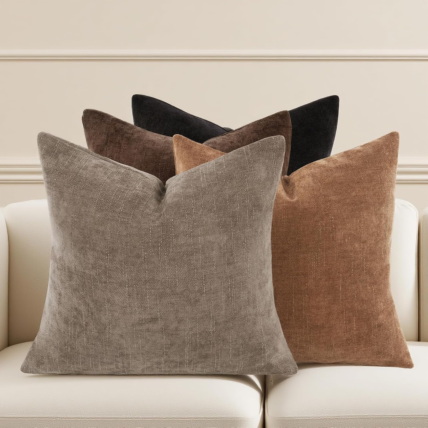 Farmhouse Decor Throw Pillow Covers 18×18 Inch Set of 4, Solid Textured Cushion Covers for Couch, Sofa, Bed – Fall Pillow Covers in Taupe Grey, Light Brown, Brown, Black