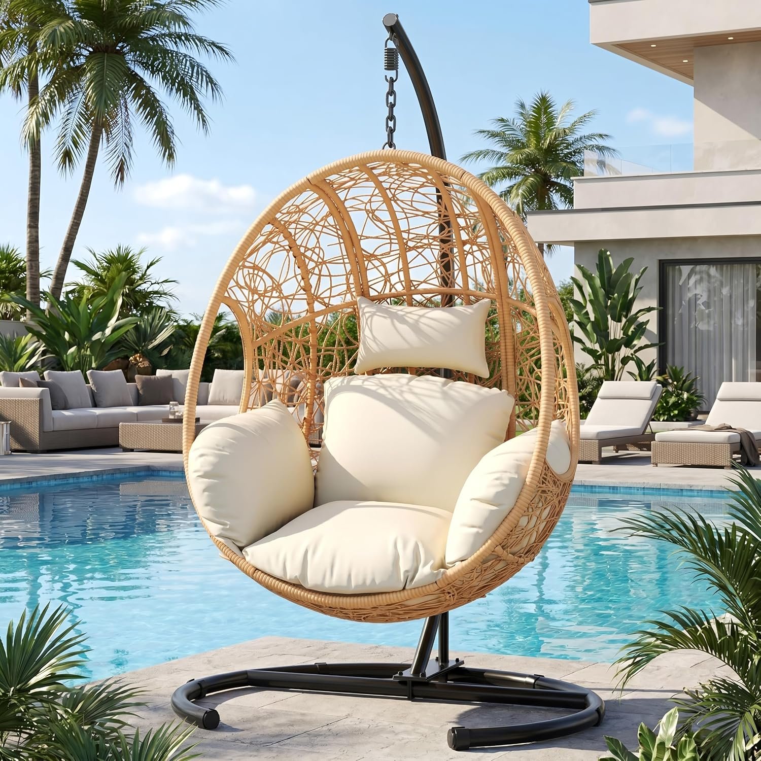 Oversized Hanging Egg Chair Outdoor Indoor, Wicker Swing Egg Chair with Stand 400lbs Capacity for Bedroom, Patio, Garden and Balcony (Beige-nest, Oversize)