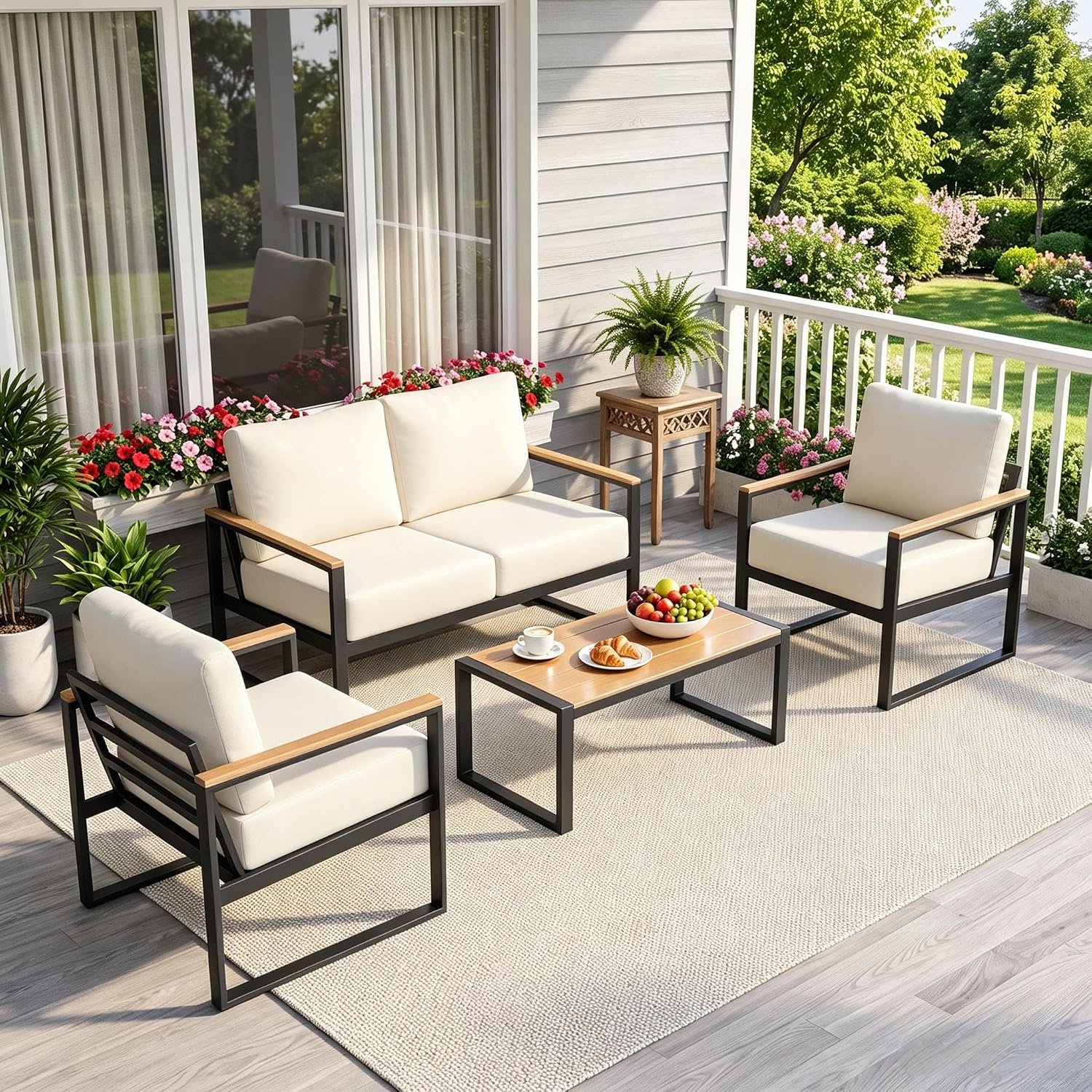 Aoxun 4 Piece Metal Patio Furniture Set with Coffee Table Beige