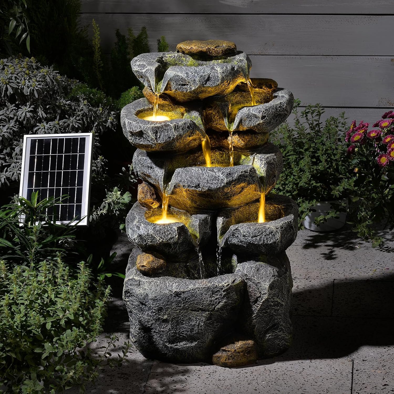 24″ Tall Solar Powered Water Fountain Cascading Rock Waterfall