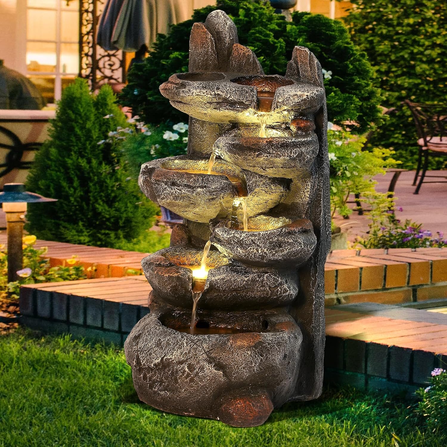 MAGIC UNION 6-Tier Cascading Rock Water Fountain, Natural Stone Look，27″ H