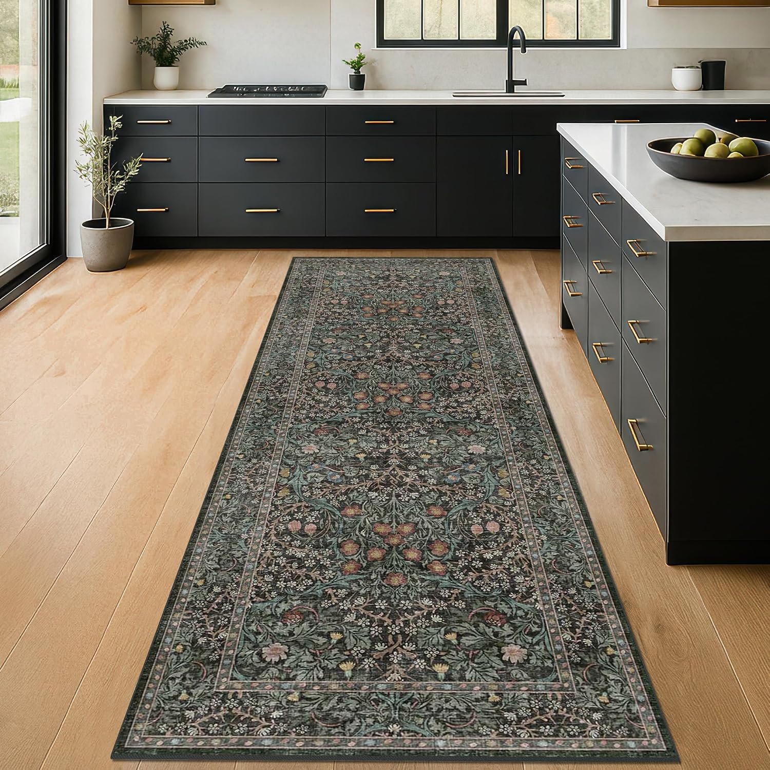 Vintage Floral Dark Green Washable Runner Rug 2×6, Non Slip Kitchen Rug