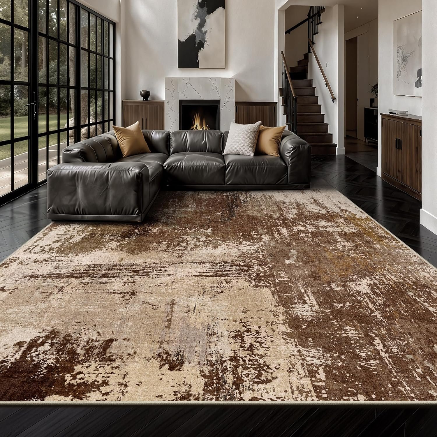 8×10 Rugs for Living Room – Modern Abstract Low Pile Washable Rug, Ultra Soft Non Slip Large Rugs, Floor Carpet for Bedroom Dining Room Office Laundry Nursery Home(Brown)