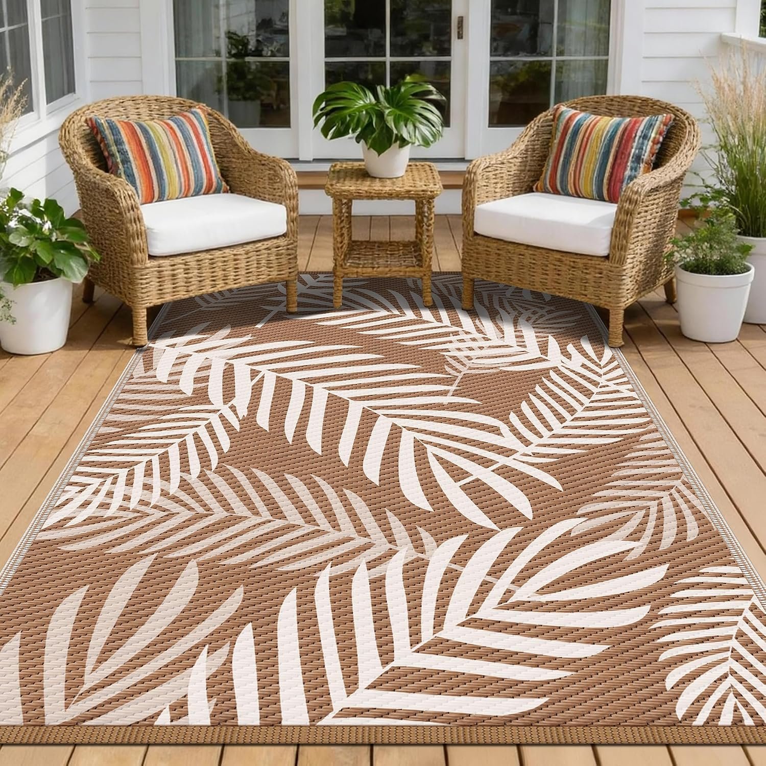 Kohree Outdoor Rug Waterproof 8×10, Reversible Outdoor Plastic Straw Rug with Leaf Pattern, Easy-Cleaning RV Mat Carpet for for Patio, Camping, Balcony, Deck, Backyard, Brown & Beige