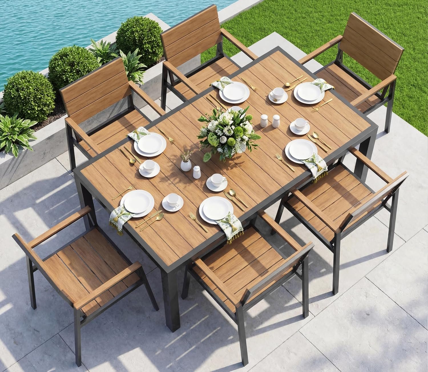 Vexwalx Outdoor Dining Set, Aluminum Dining Table Set for 6, Patio Table and Chairs Set with Umbrella Hole, All Weather HDPS Outdoor Table and Chairs for 6 (7-Piece, Gray-Teak)