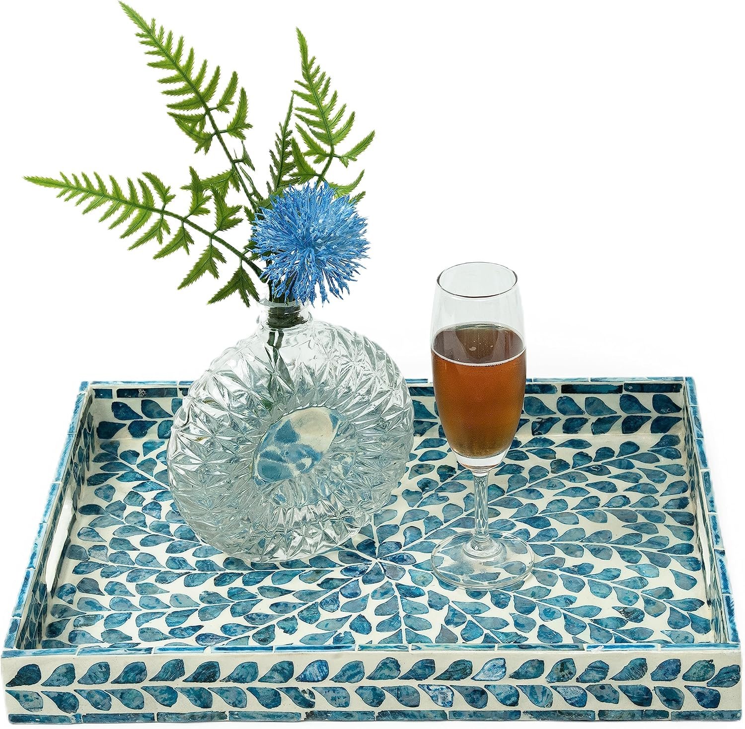 Serving Tray 15.7″ X11.8″, Lacquer Mother of Pearl Inlay Mosaic Tray, Rectangle Wooden Marble Tray with Handles Trays for Tea, Breakfast in Bed, Table (Blue)