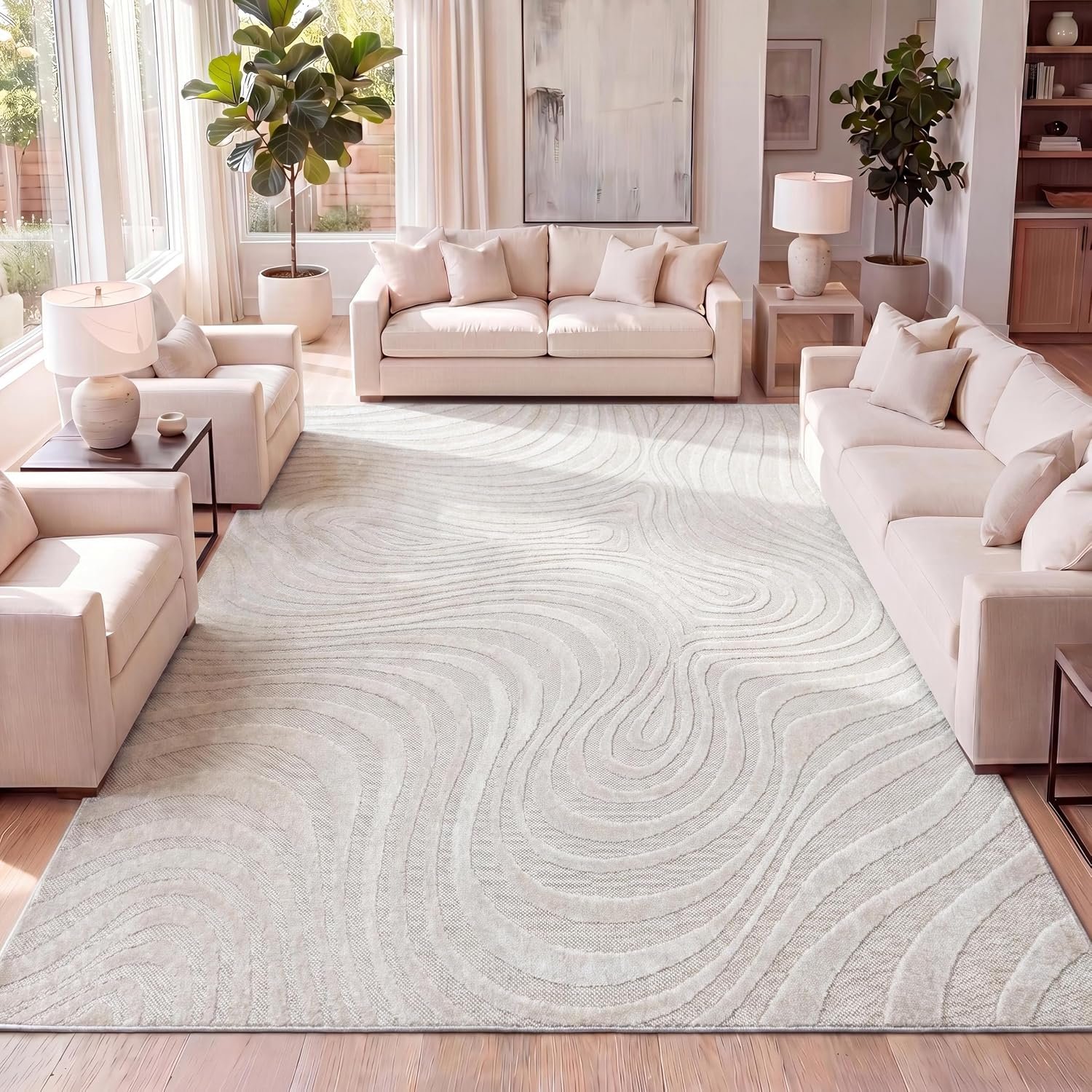 JONATHAN Y Maribo High-Low Abstract Striped Indoor/Outdoor Area Rug, Contemporary, Modern, Vintage, Bohemian for Bedroom,Kitchen,Living Room,Non Shedding,Easy-Washing, Cream, 8×10 (SCN103A-8)