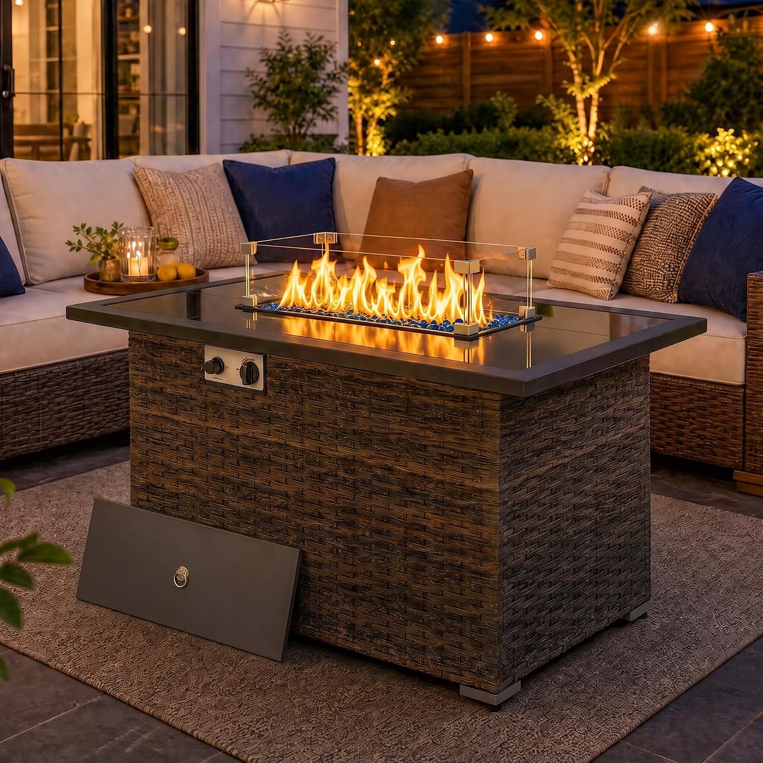 44″ Propane Fire Pit Table with Tempered Glass Top, Lid, Brown