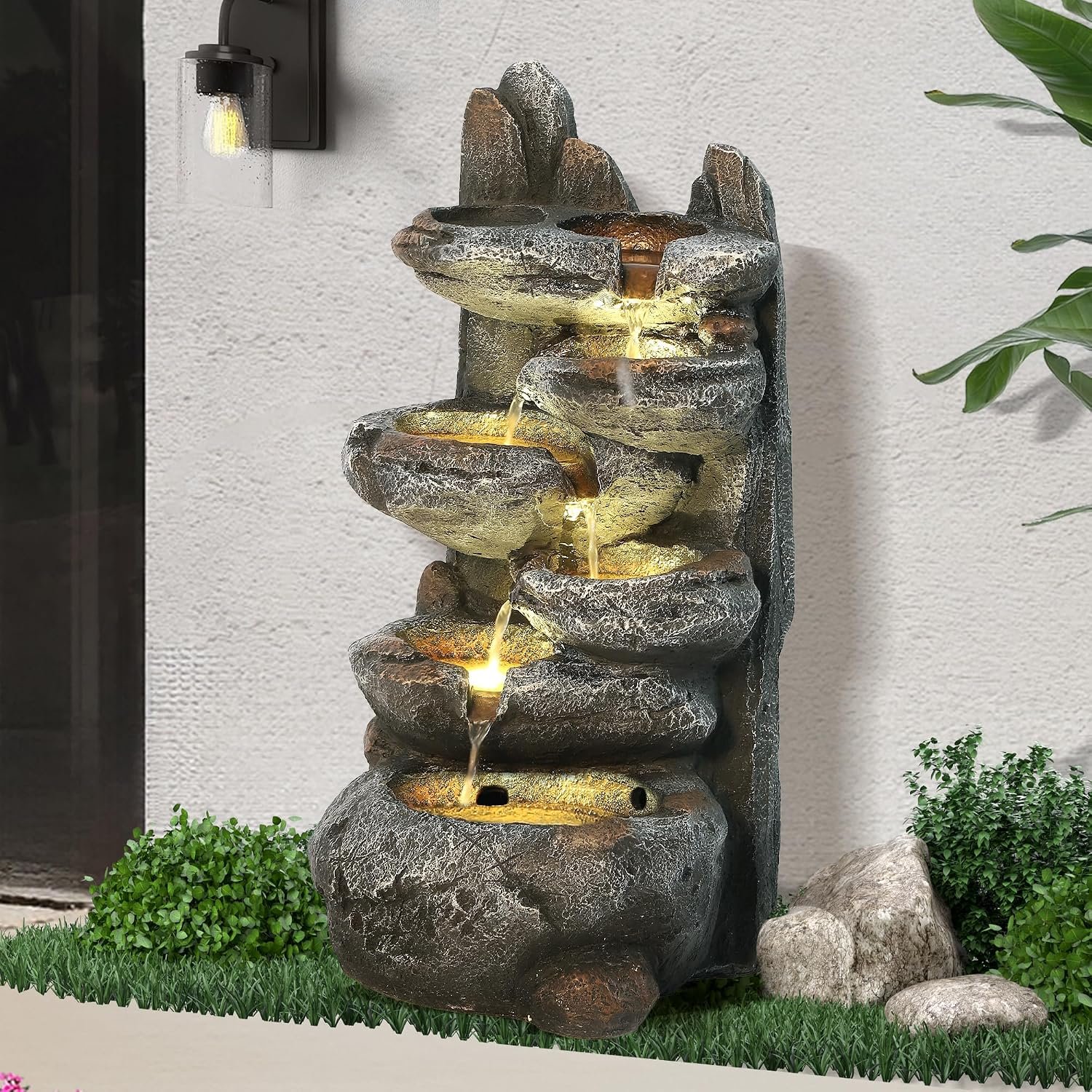 Outdoor Cascading Rock Water Fountain, 6-Tier Fountain and Waterfall