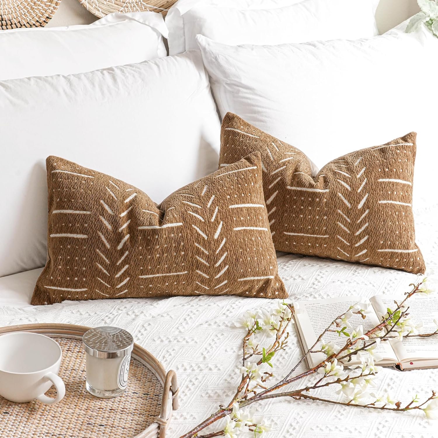 BlissBlush Decorative Lumbar Throw Pillow Covers 12X20 Set of 2, Brown Boho Farmhouse Cushion Cover, Soft Accent Pillowcase for Couch Sofa Bed Living Room Home Décor