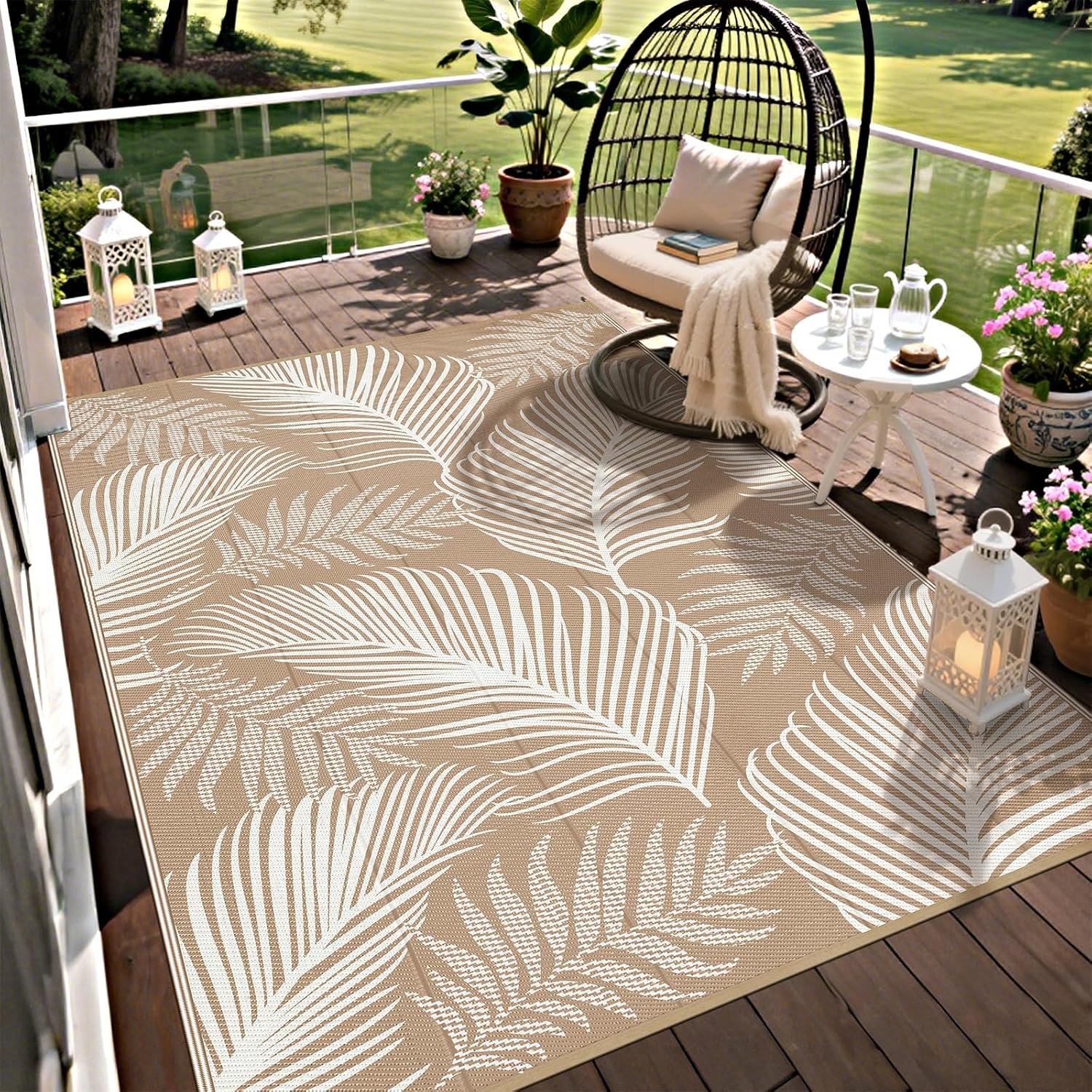 Pauwer Waterproof Outdoor Rug 5×8, Plastic Straw Patio Rug, Leaf Brown