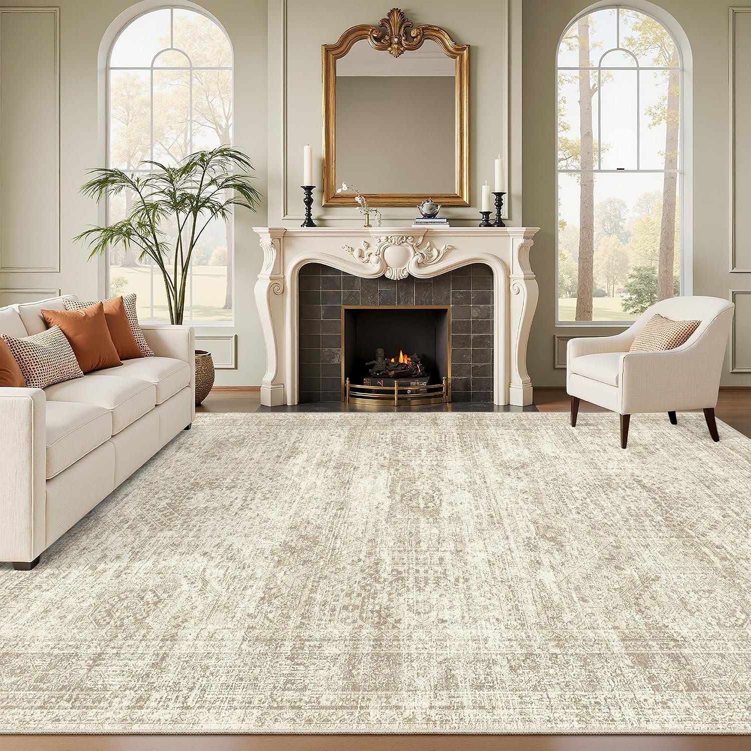 Soalmost Washable Area Rug 8×10 Large Soft Beige Rugs for Living Room