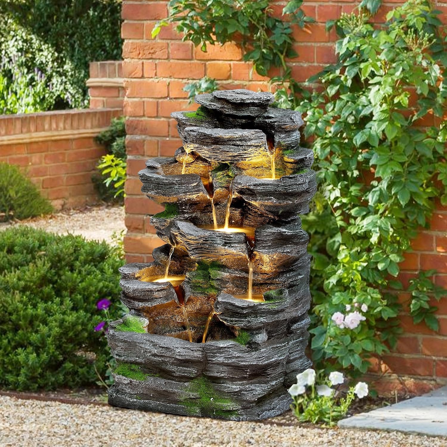 TITIMO 7-Tier Cascading Rock Fountain, Outdoor Garden Waterfall with Lights