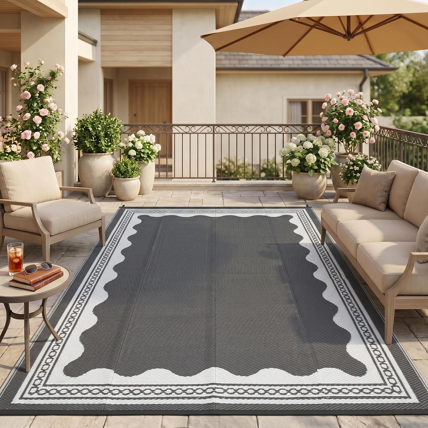 Garvee Outdoor Rug 5×8 Scalloped Waterproof Patio RV Outdoor Rugs Reversible Foldable Plastic Straw Rug Modern Camping Carpet for Deck Camper Porch Balcony Backyard Picnic Beach Grey