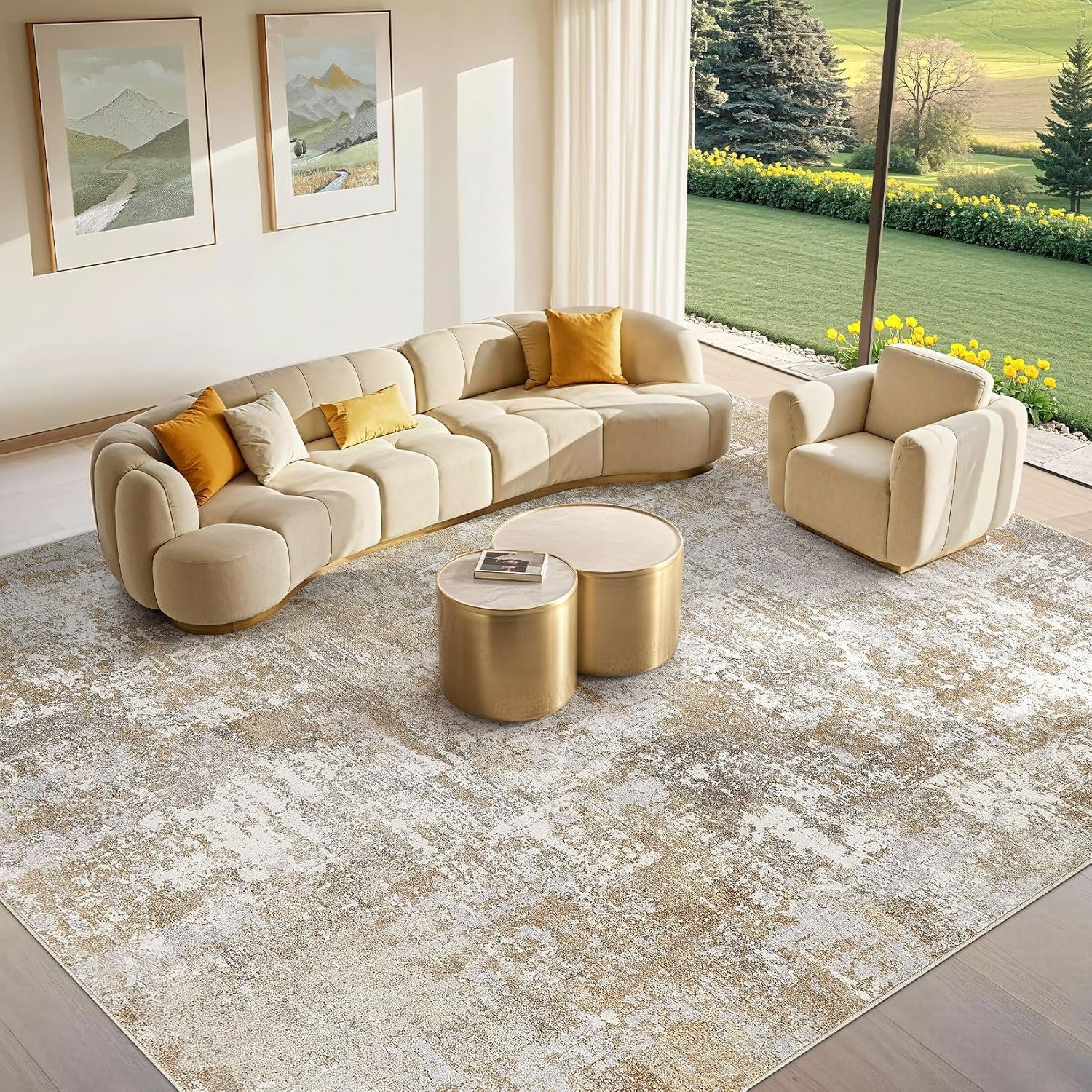 Tortania Washable 8×10 Area Rug for Living Room: Modern Abstract Neutral Large Soft Thin Rugs – Non Slip Indoor Carpet for Bedroom Dining Room Office Nursery Home Floor Decoration – Brown Grey