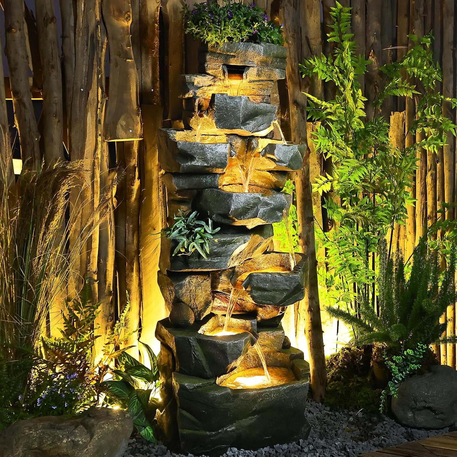 Sunlinua 58H Cascading Rock Natural Outdoor Garden Water Fountain 6 Tiers