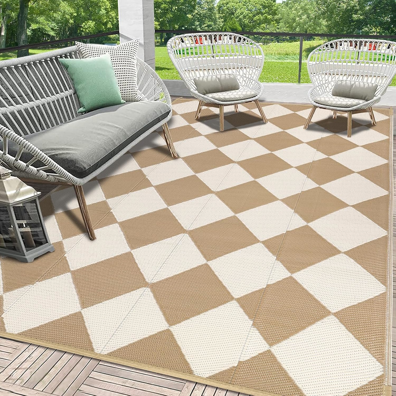 HEBE Outdoor Rug Waterproof 6’x9′, Checkered Reversible Plastic Patio Rug