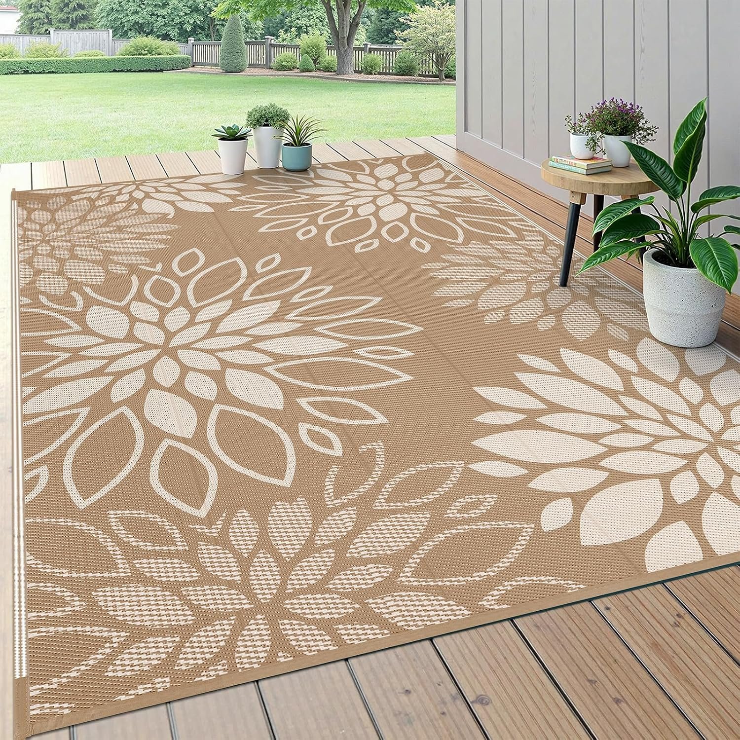 HEBE Waterproof Outdoor Rug 5’x8′, Floral Reversible Plastic Patio Rug