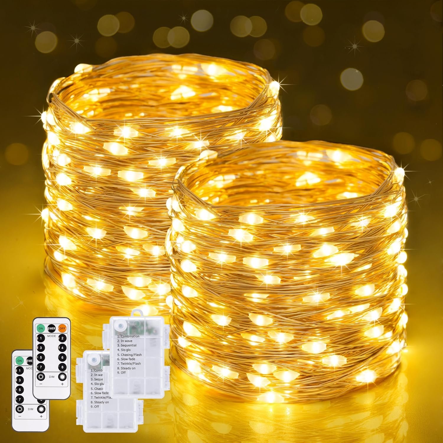 JMEXSUSS 2 Pack Fairy Lights Battery Operated with Remote, Warm White