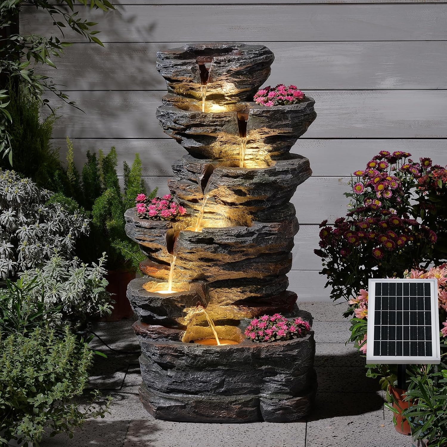 32.7″ Tall Rock Solar Powered Water Fountain with LED Lights
