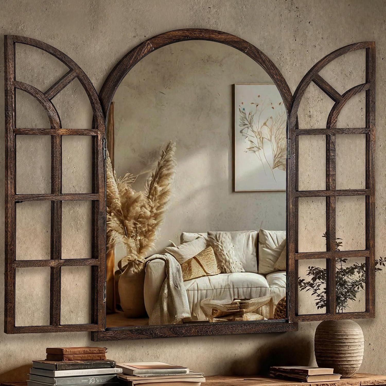 Farmhouse Window Mirror for Wall, 38”x26” Rustic Vintage Arch Mirror