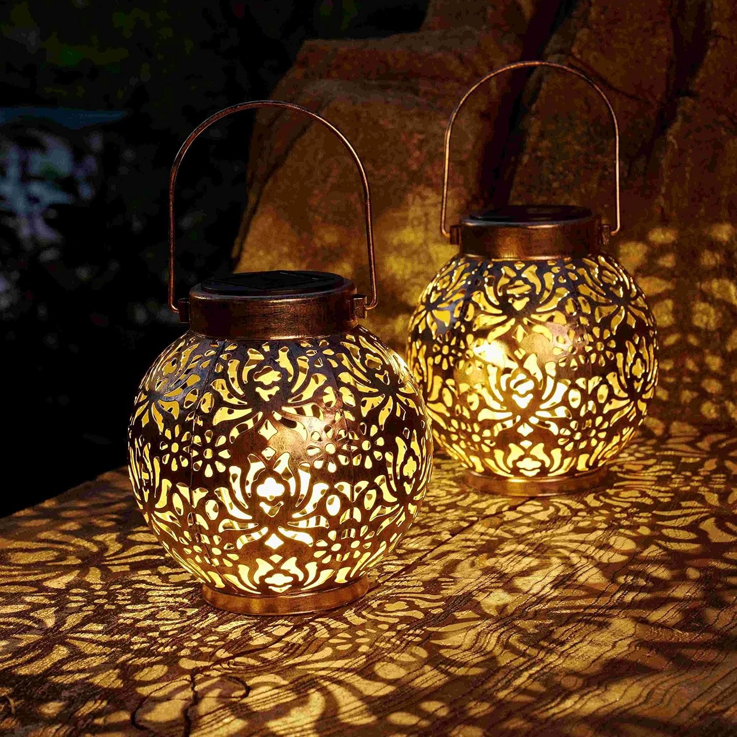 Set of 2 Solar Hanging Lanterns Outdoor for Garden Patio, Bronze