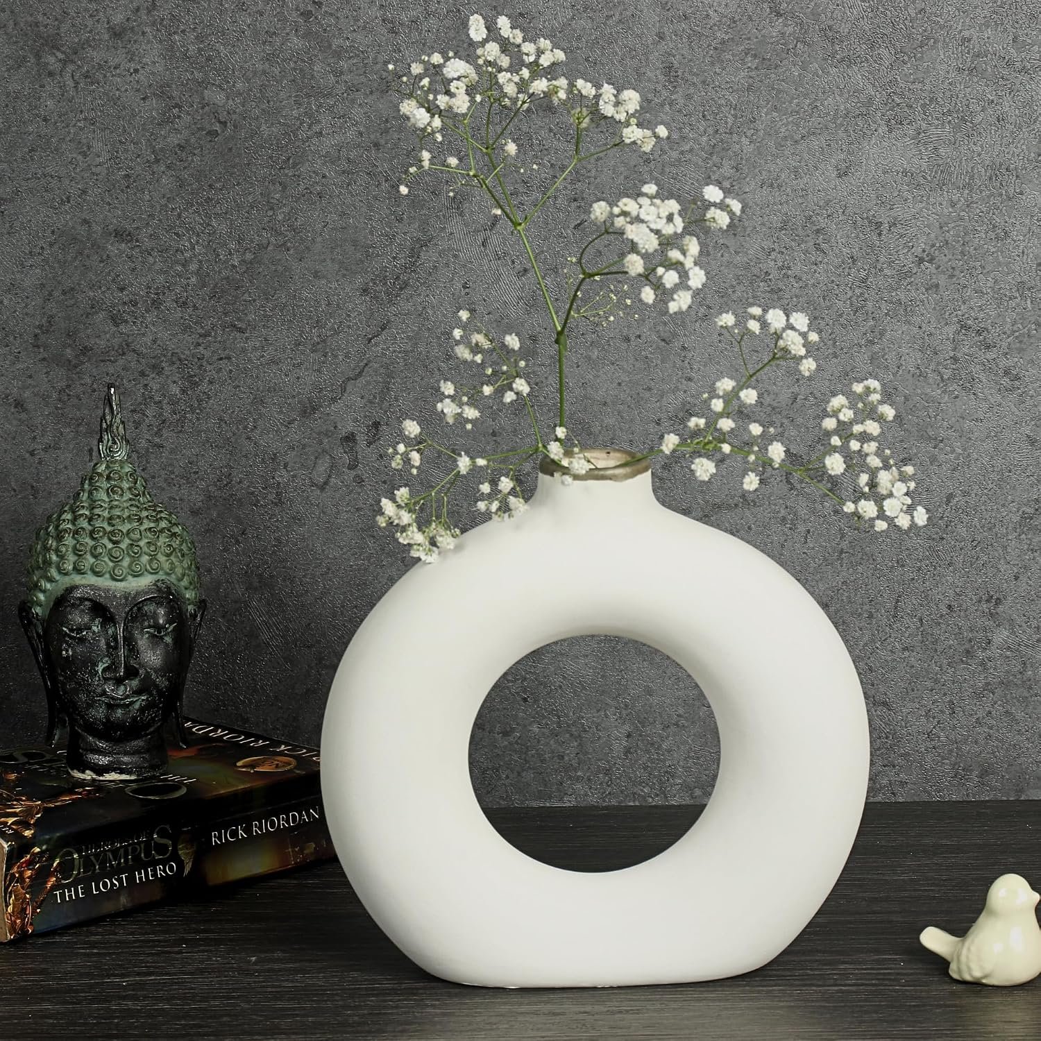 KREATIVE Art’S® White Donut Ceramic Vase, Flower Vase, Pampas Grass Vase, Round Shaped Vase, Home Decor Item for Gifting, (Off White- 8″)
