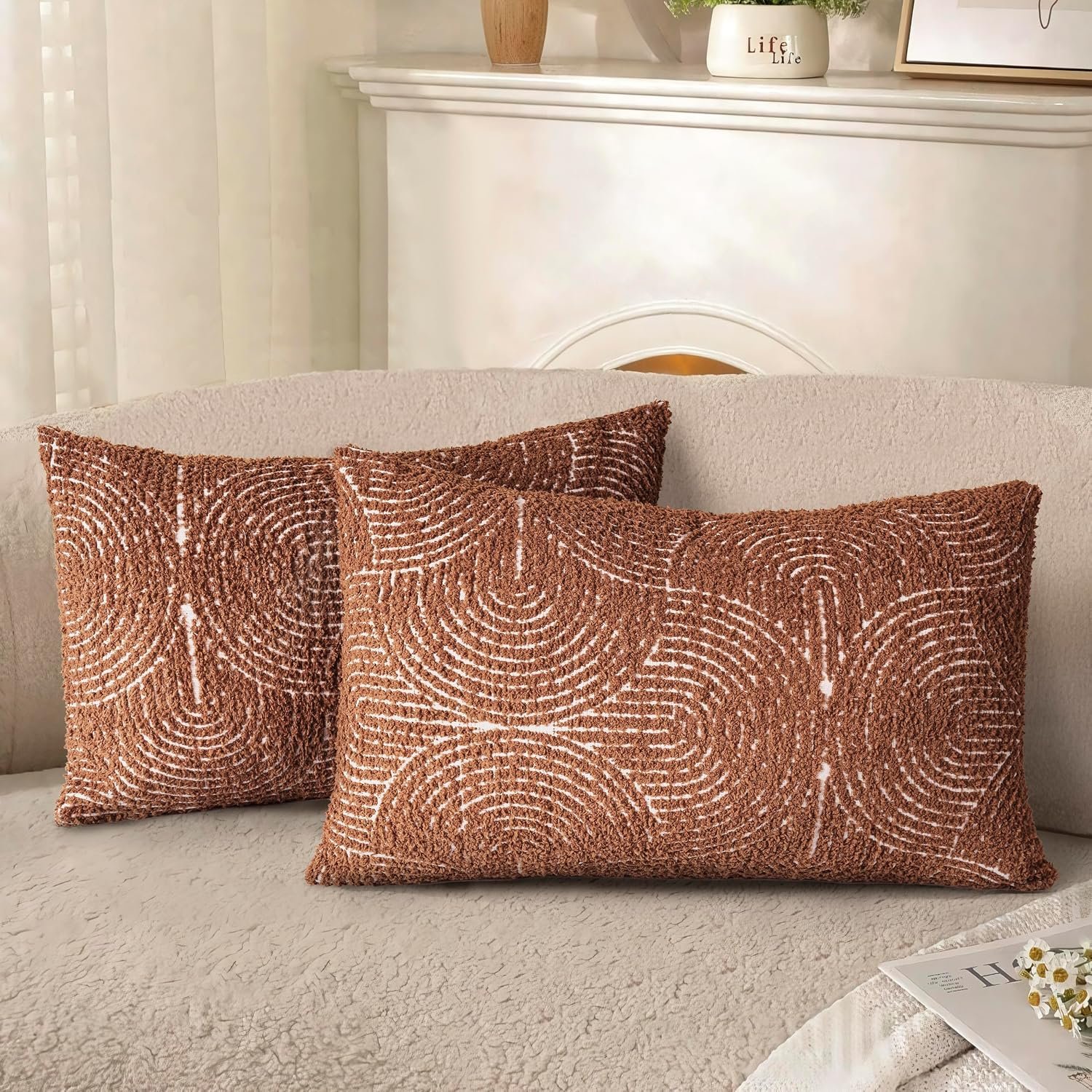 AELS Boho Decorative Textured Lumbar Pillow Covers 12×20, Modern Mid Century Rainbow Tufted Lumbar Pillow Case, Farmhouse Rustic Geometric Woven Cushion Case for Bed Couch Sofa, Burnt Orange