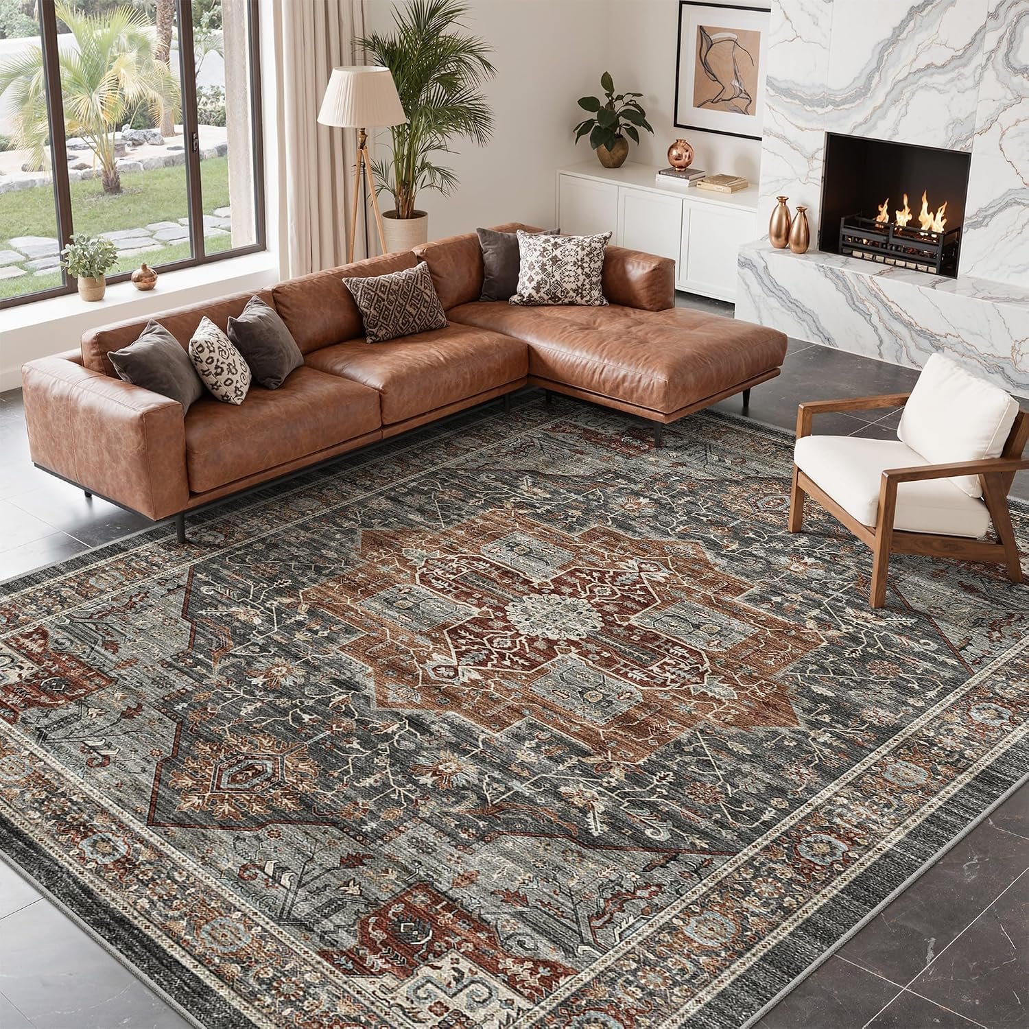 Roxstand 8×10 Washable Area Rugs, Vintage Non Slip Rug, Grey/Brown/Tan