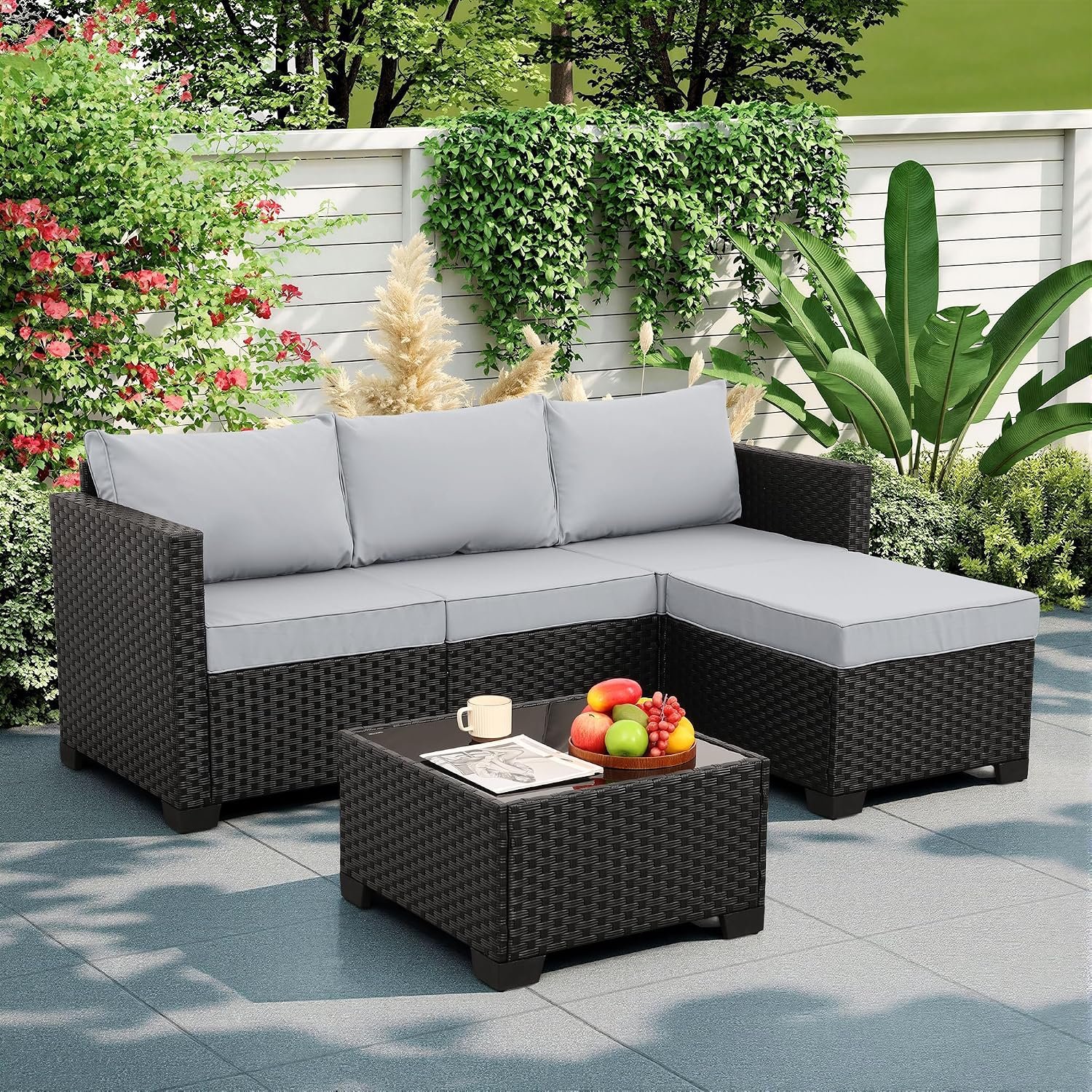 Rattaner 3 Pieces Patio Furniture Set Outdoor Sectional Wicker Patio Furniture Patio Couch with Ottoman and Outdoor Table All-Weather Anti-Slip Cushions Waterproof Covers, Light Grey