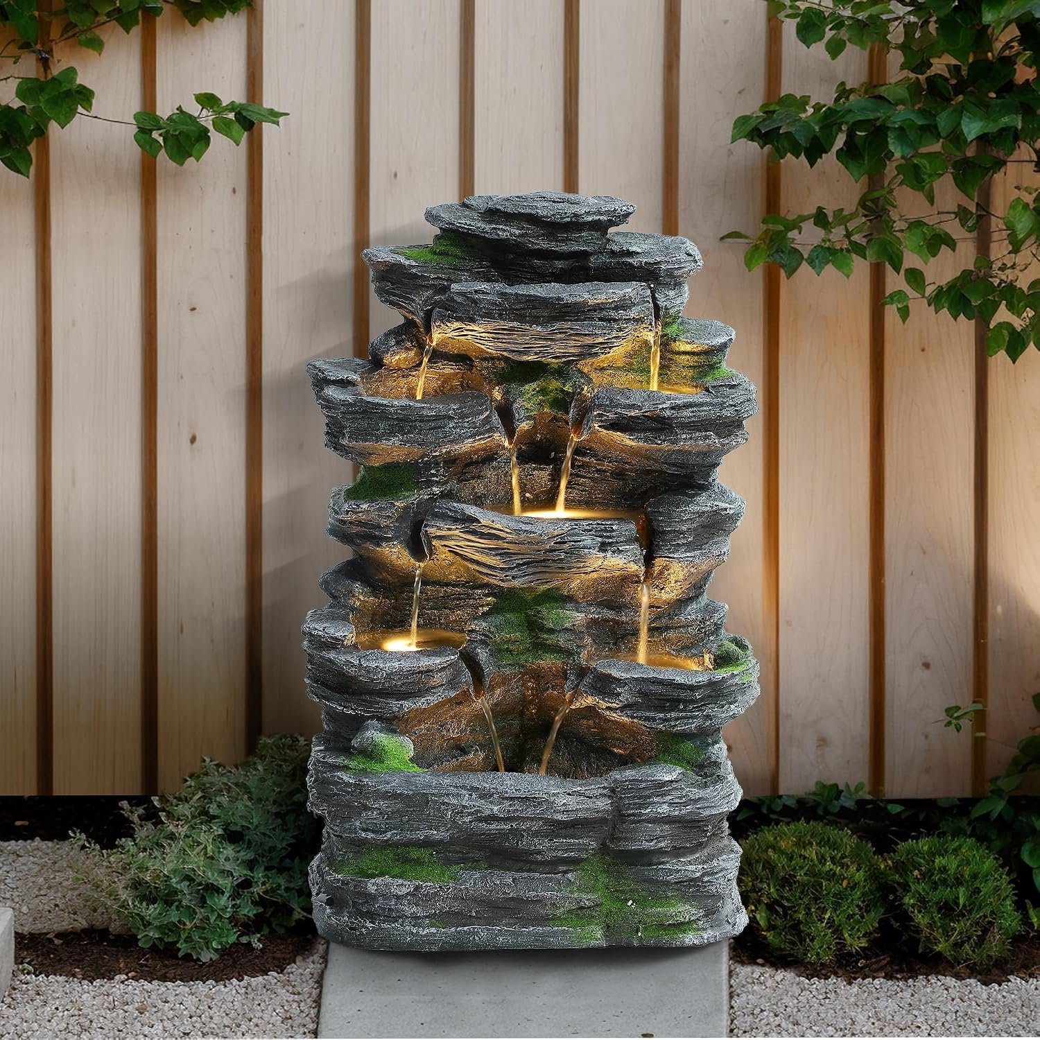 Rock Outdoor Water Fountain, 7 Tiered Waterfall Fountains with LED Lights, Floor Waterfalls Outside, Modern Cascading Flow Rock Fountain for Garden, Yard, Patio, Home Decor