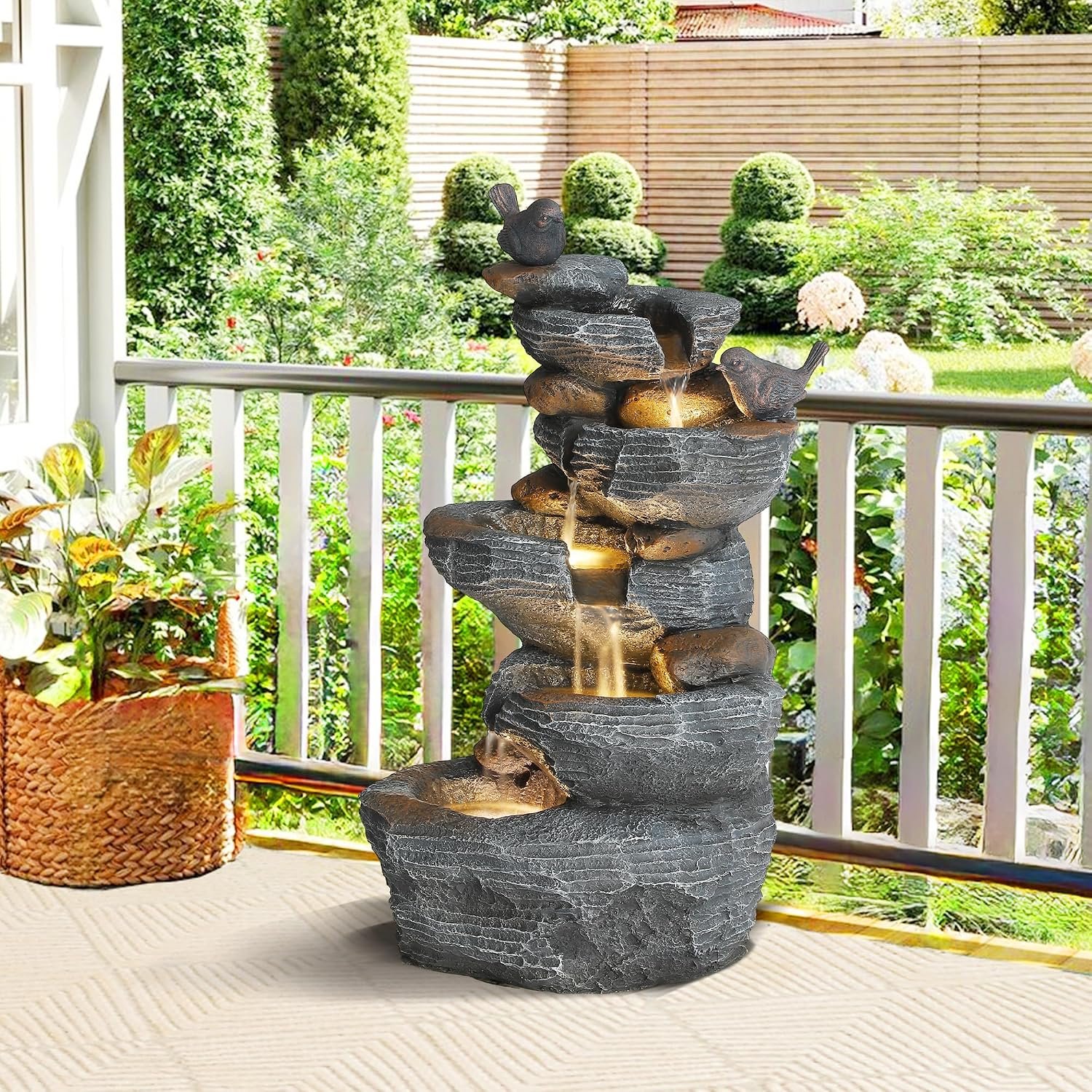 5 Tiers Cascading Rock Outdoor Water Fountain with Bird Decor