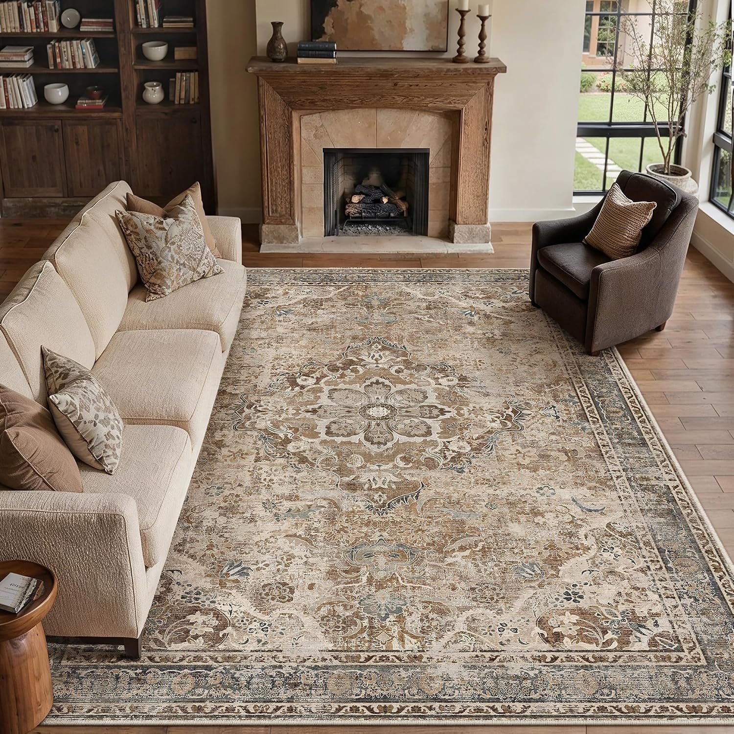 PureCozy Brown Area Rug 8×10 Living Room Vintage Floral Non-Slip Carpet