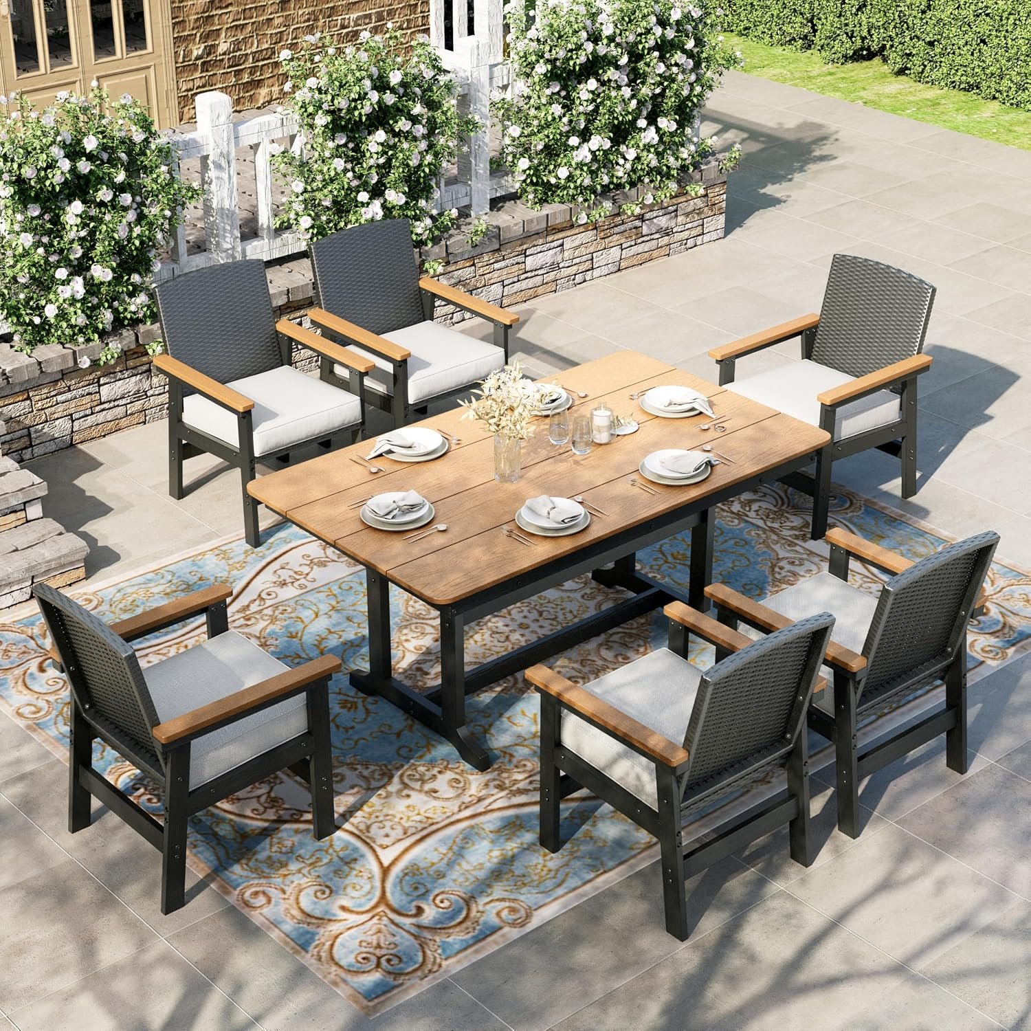 HERA’S HOUSE 7PC Patio Dining Set for 6, HDPE Outdoor Table & 6 Chairs