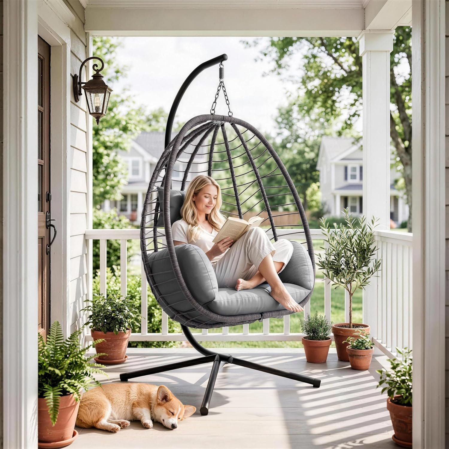 ALAULM Foldable Egg Chair with Stand, 485LBS Capacity Wicker Rattan Hammock Swing Chair for Outdoor & Indoor, Hanging Chair with Strong Frame & UV Resistant Cushion for Balcony, Bedroom, Light Gray