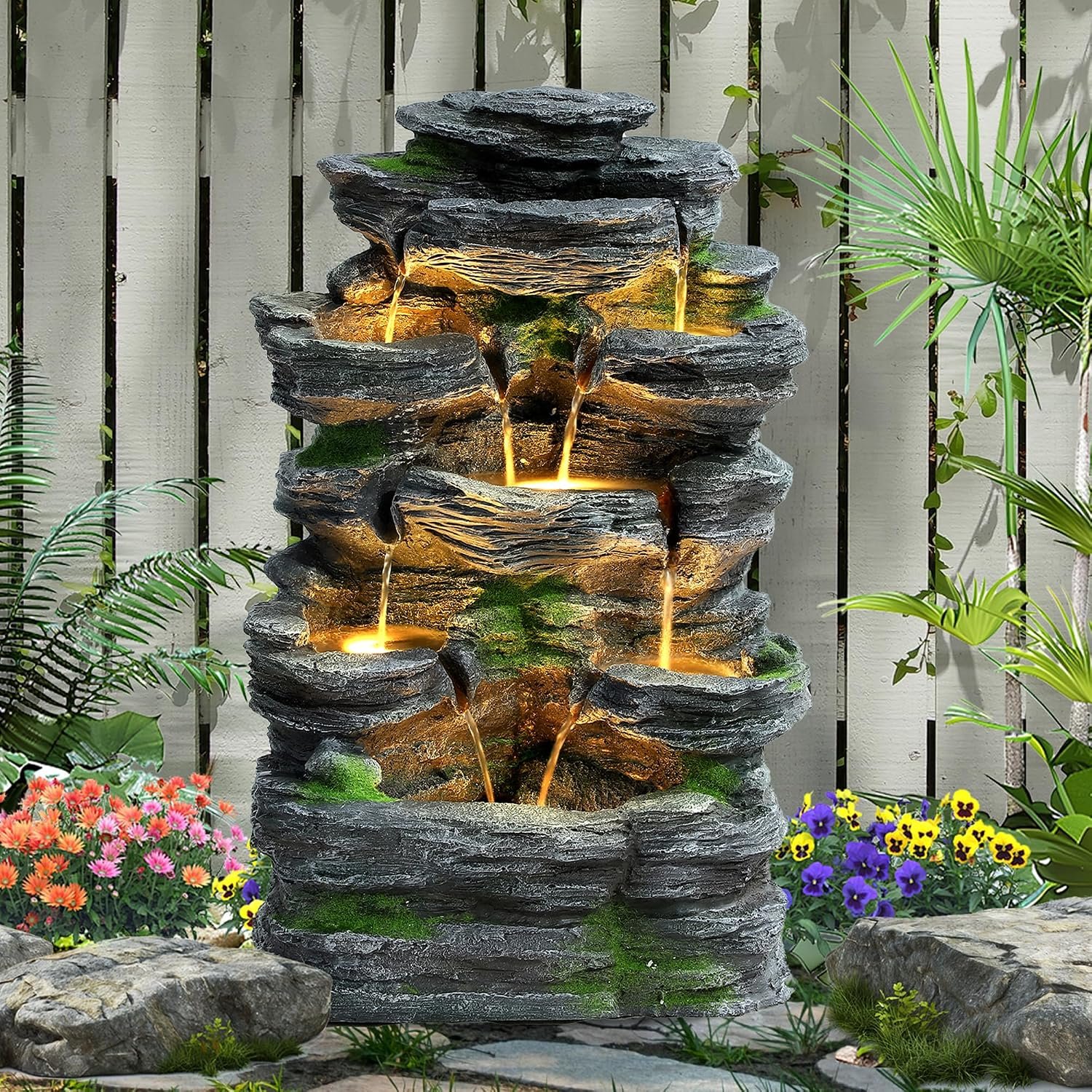 Garden Fountains Outdoor, 7-Tiers Cascading Rock Water Fountain, 24.4″ H Waterfall Fountain Indoor with 6 LED Lights and Moss for Patio, Yard and Home Art Decor, Natural Stone Look